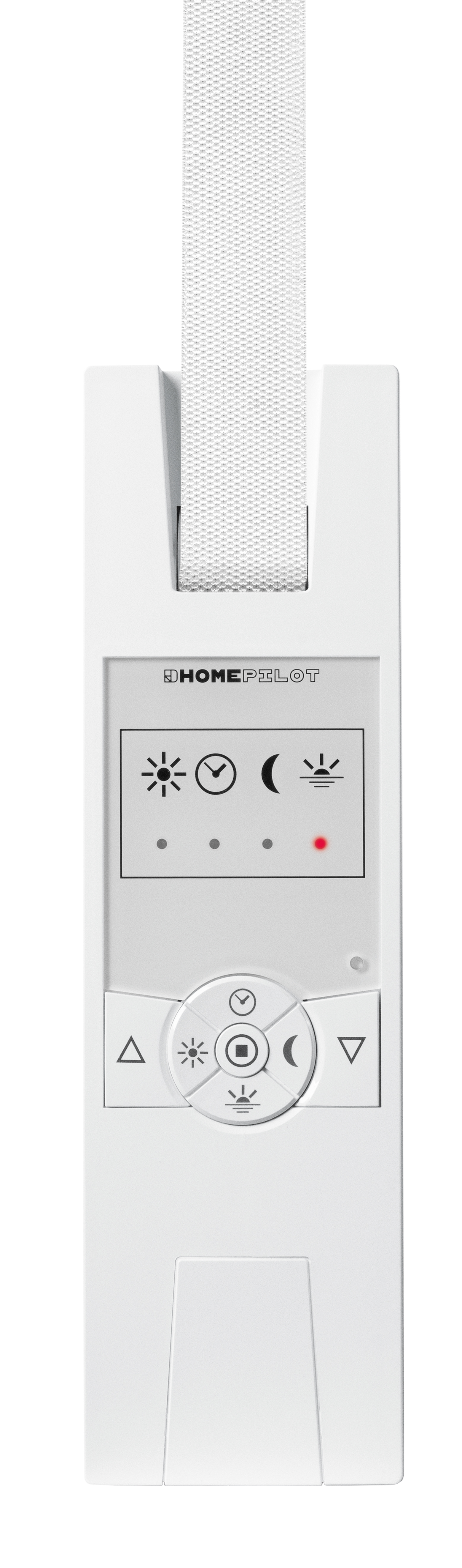 Weiße Home-Pilot-Fernbedienung mit Display und Tasten. Gurt sichtbar.