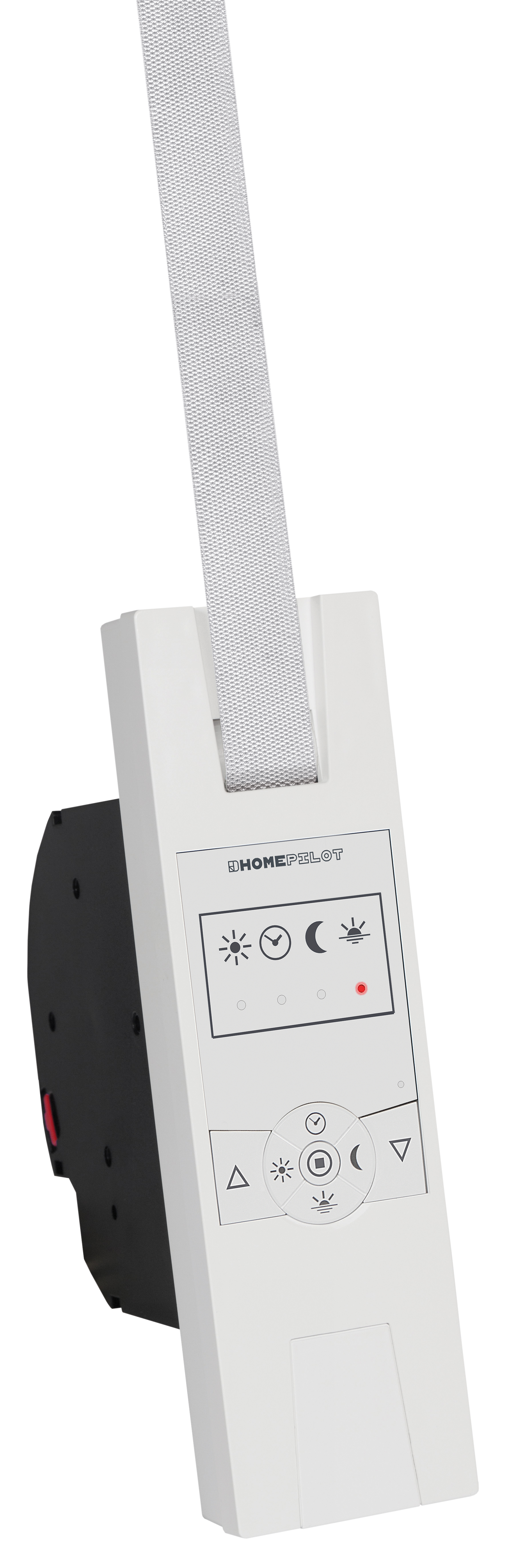 Ein weißes Smart-Home-Gerät mit Bedienelementen und einem Gurt.