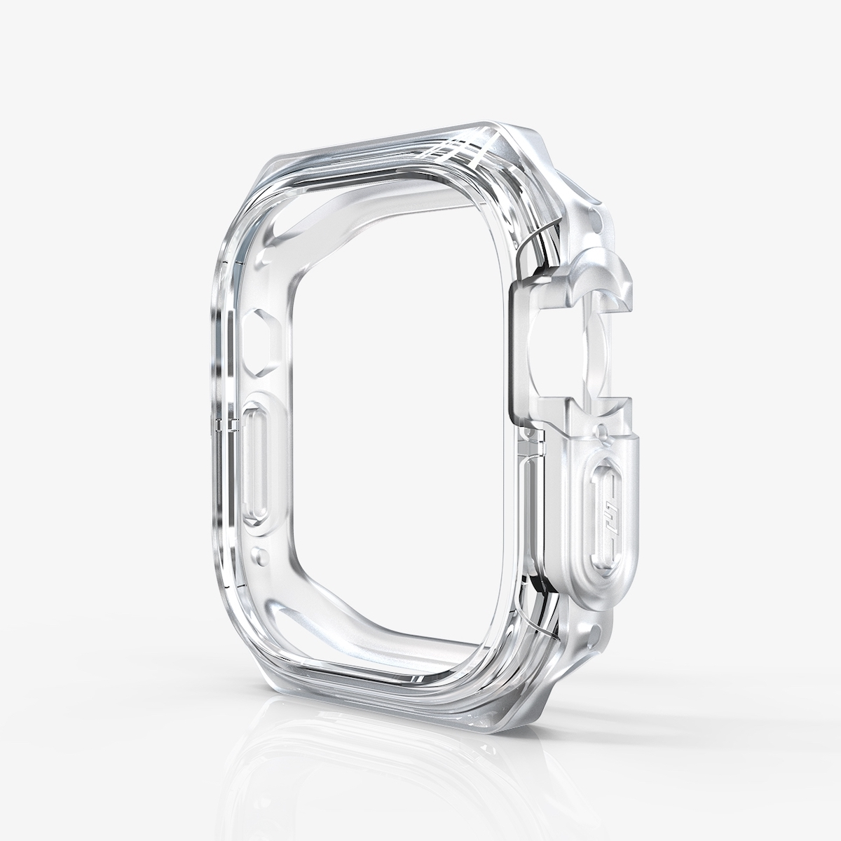 Ein klarer, transparenter Uhrenkoffer mit quadratischem Design.