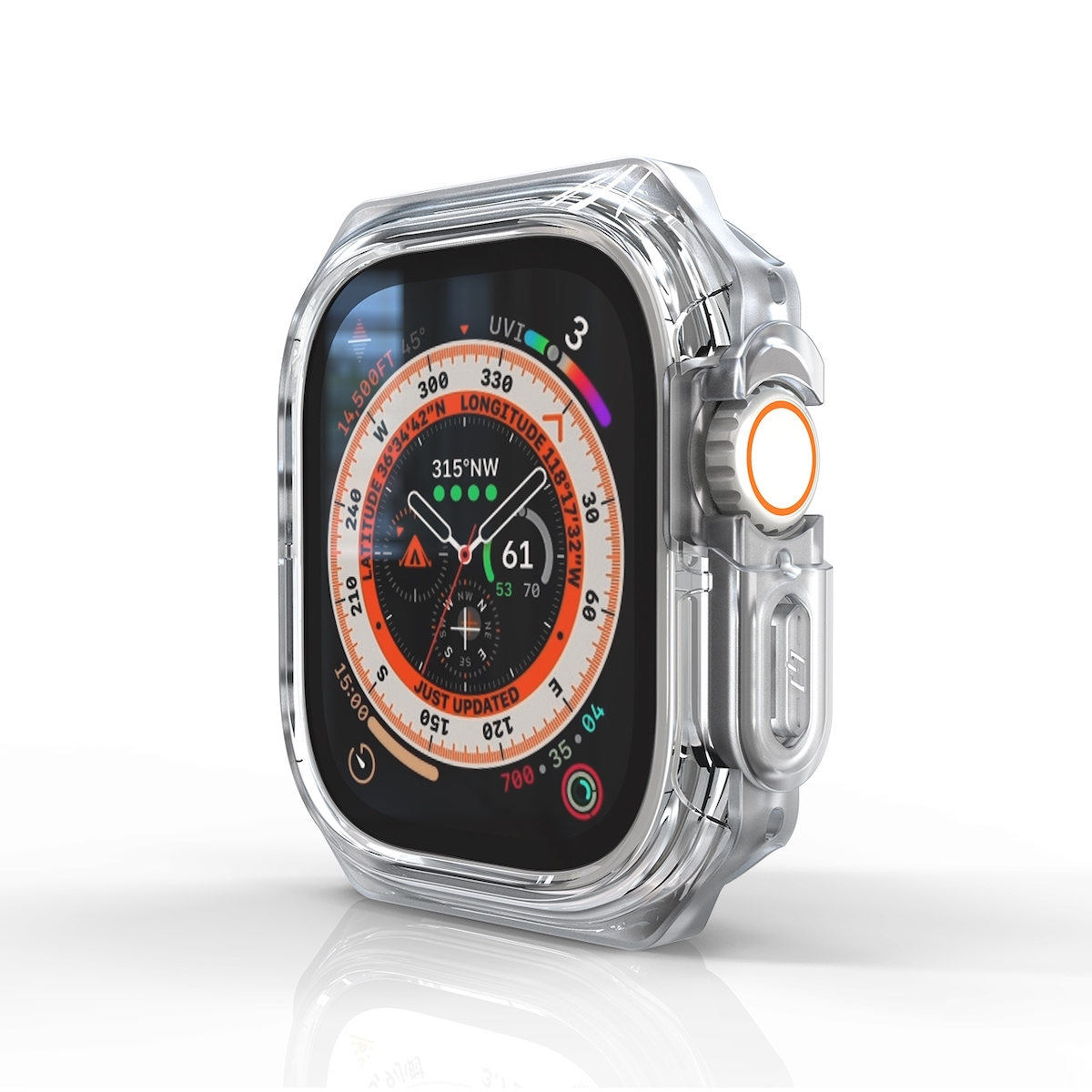 Eine transparente Schutzhülle auf einer Smartwatch, die das Zifferblatt anzeigt. Weißer Hintergrund.