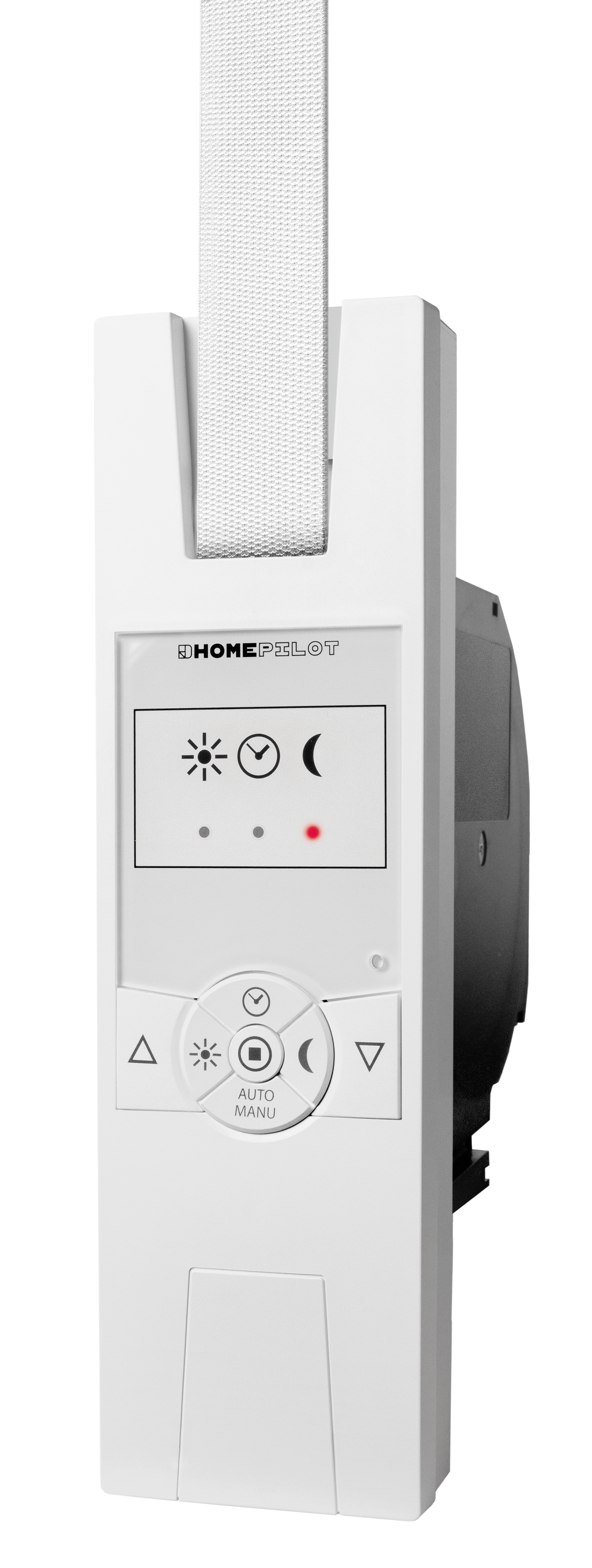 Weißer Smart-Home-Controller. Es hat Tasten und ein Display.