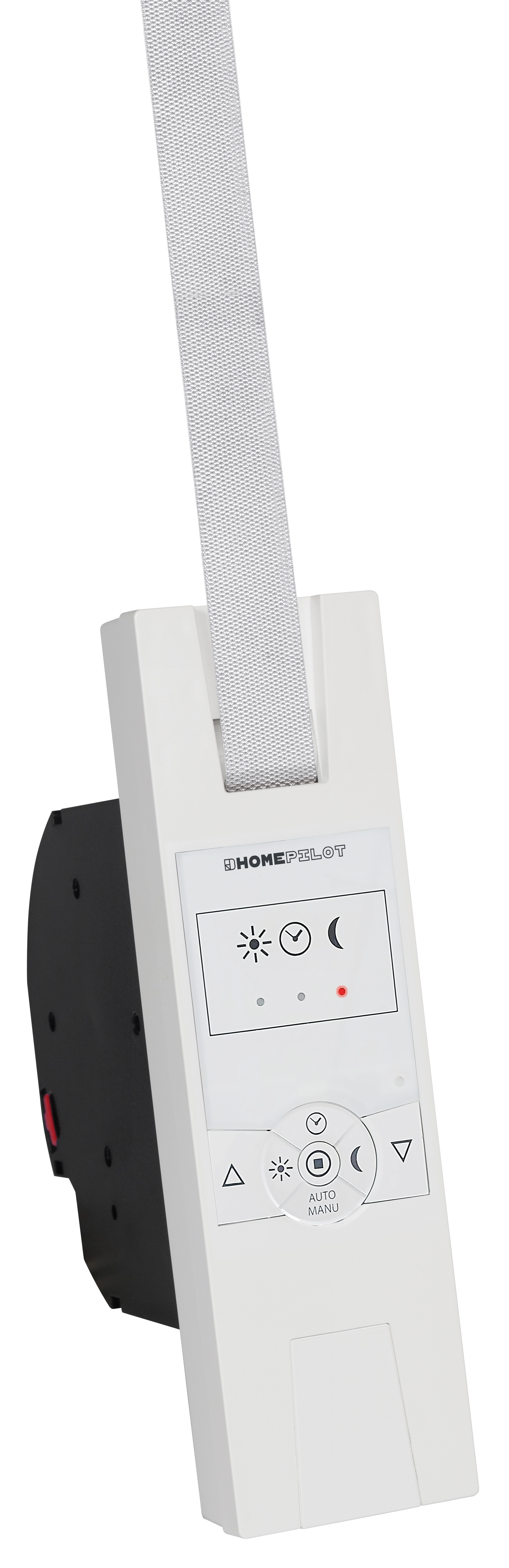 Ein weißes Smart-Home-Gerät zur Steuerung von Jalousien, mit Knöpfen und einem Riemen.
