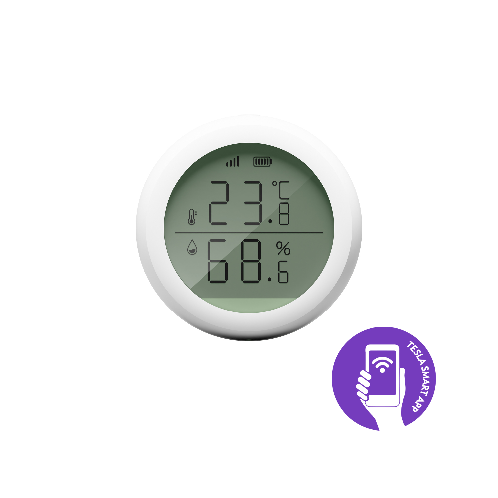 Ein weißes, kreisförmiges Gerät, das Temperatur und Luftfeuchtigkeit anzeigt. Rechts ist ein lila App-Symbol.
