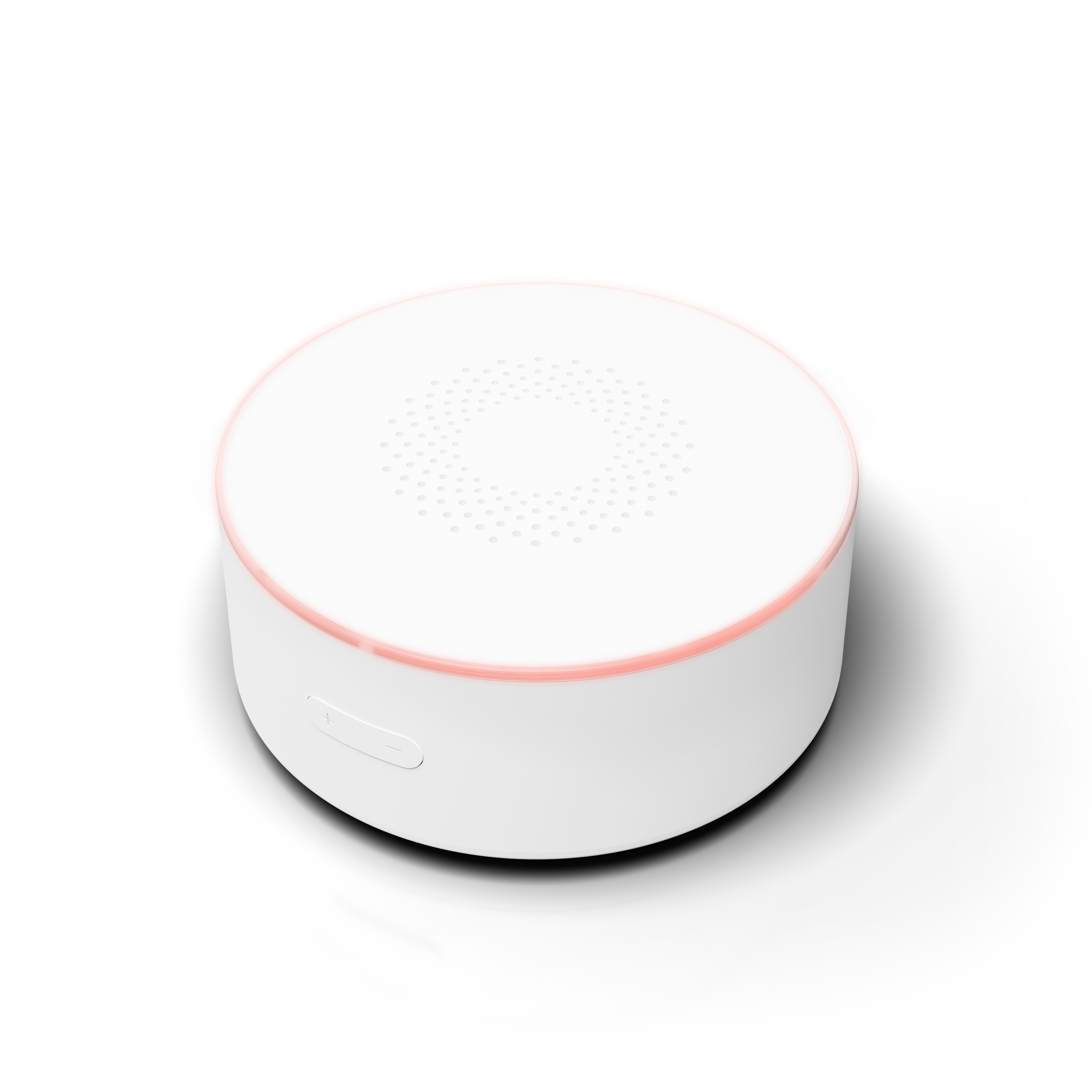 Weißes Smart-Home-Gerät mit rosa Lichtring.