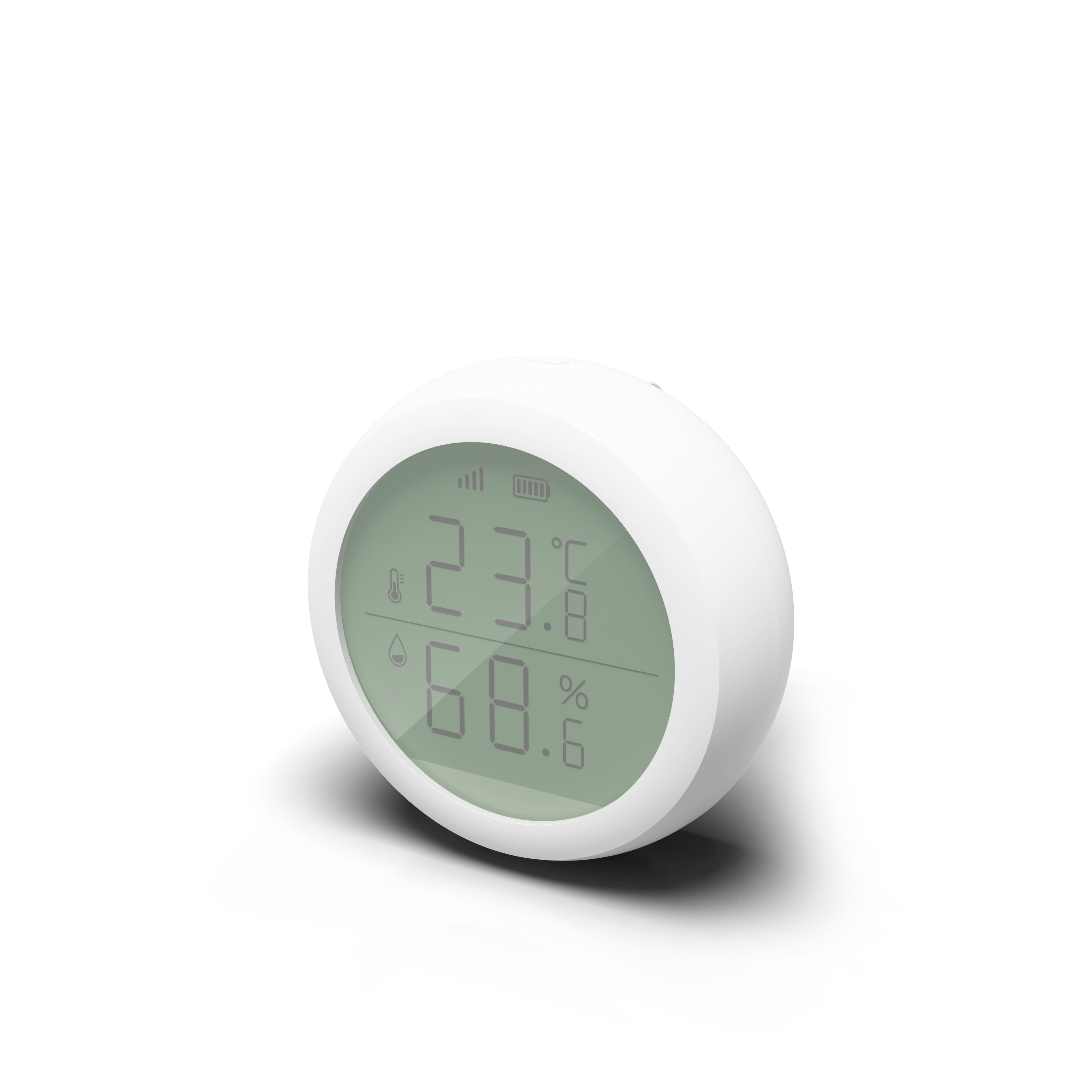Rundes weißes Gerät mit digitaler Anzeige, die Temperatur- und Feuchtigkeitswerte anzeigt.