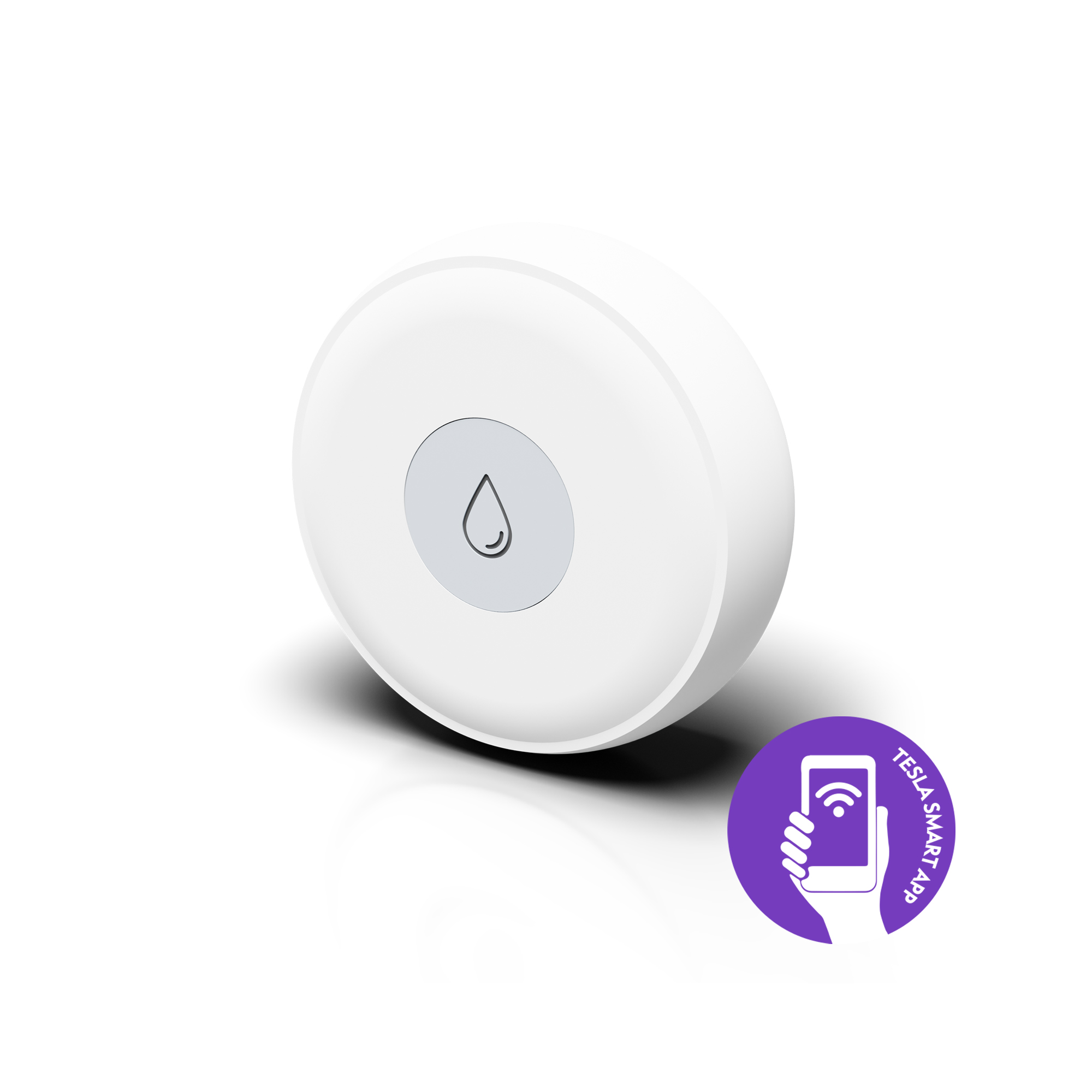 Weißes kreisförmiges Gerät mit einem Wassertropfen-Symbol und einem lila App-Symbol mit einem Telefon.