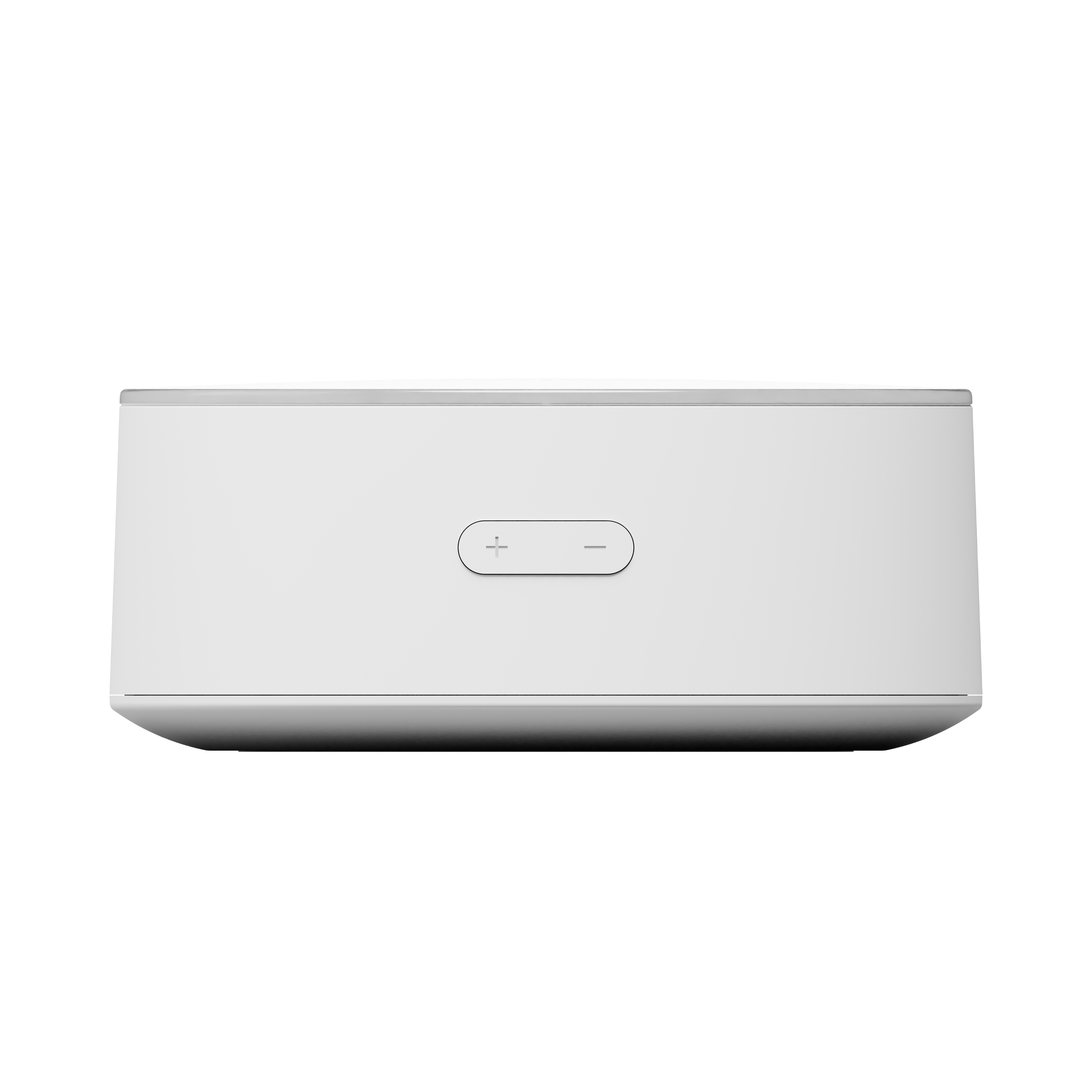 Eine weiße Soundbar mit Plus- und Minus-Tasten oben.