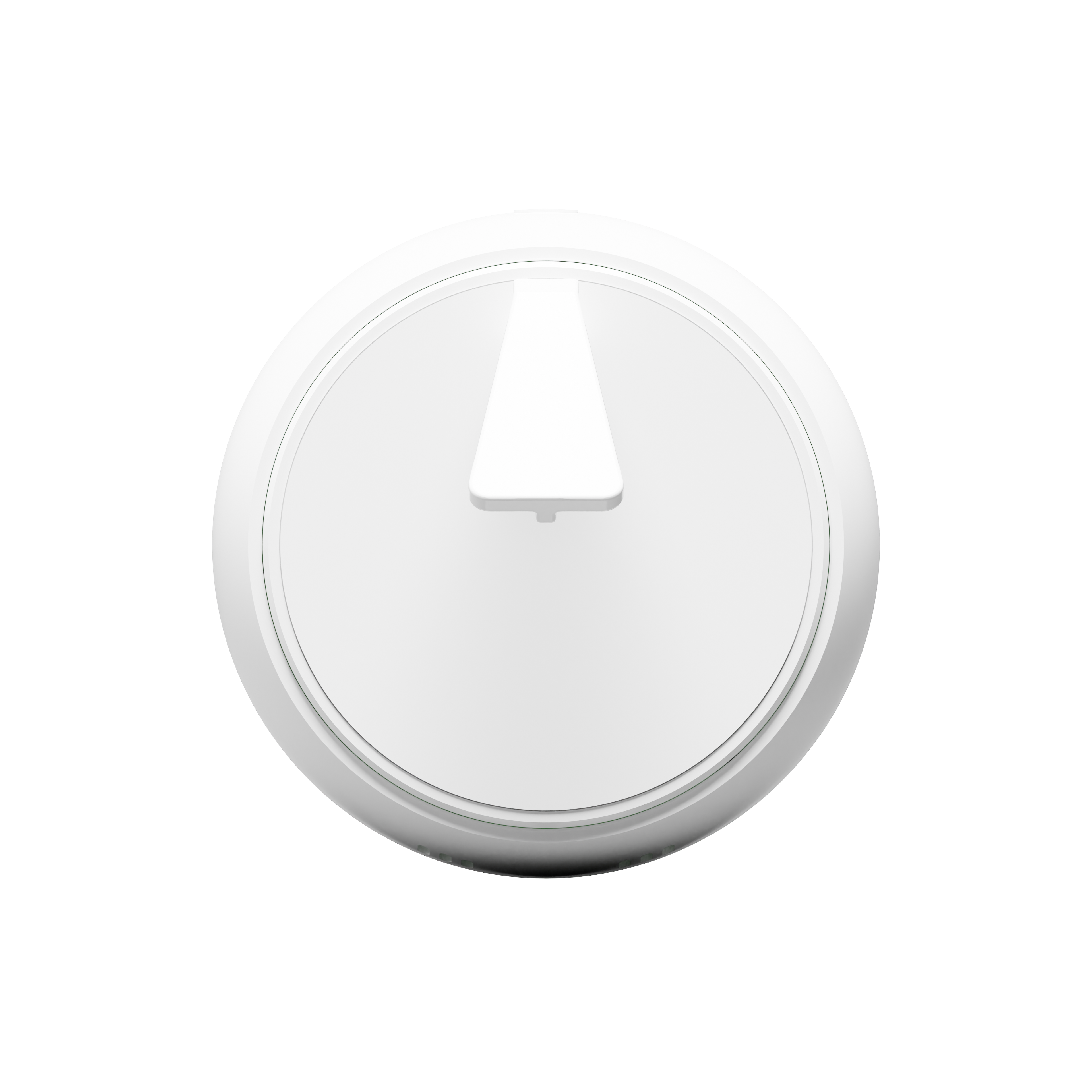 Ein weißer, kreisförmiger, an der Wand montierter Lichtschalter mit einem kleinen, rechteckigen Hebel.