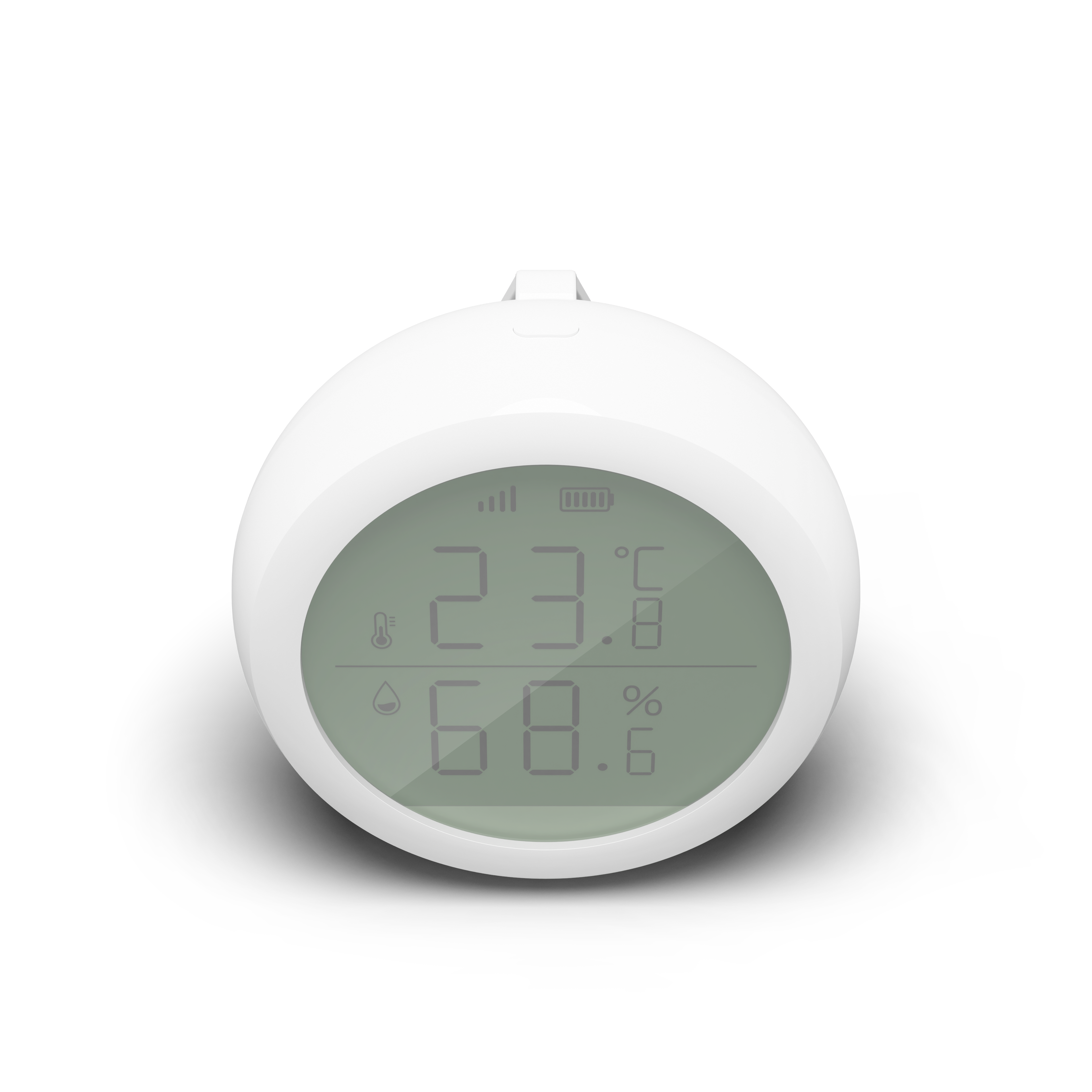 Weißes, rundes digitales Gerät mit einem Display, das Temperatur und Luftfeuchtigkeit anzeigt.