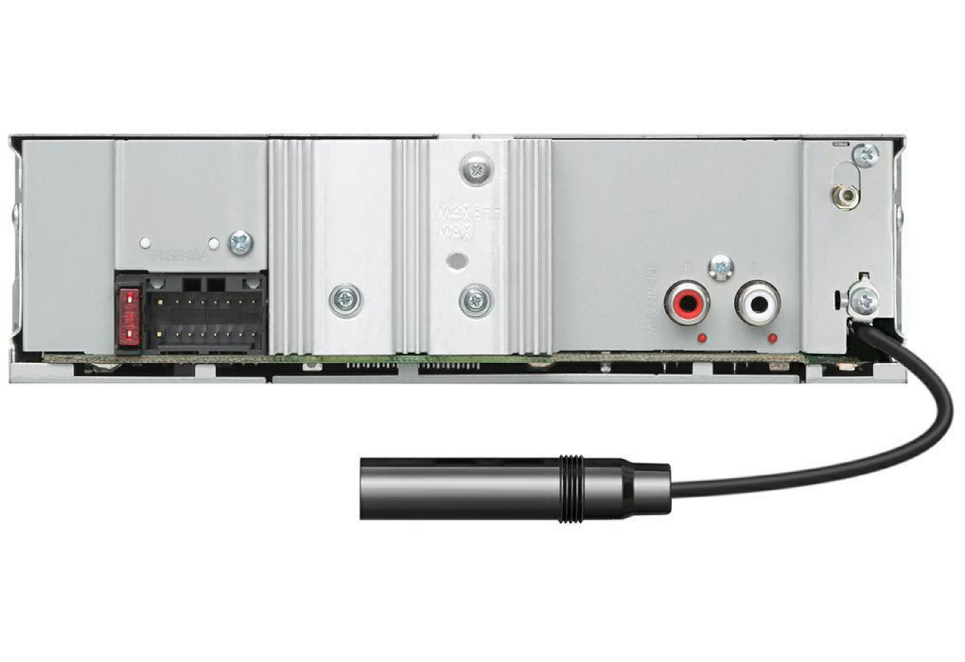 Die Rückseite eines Autoradios mit Anschlüssen für Strom, Lautsprecher und Antennenkabel.