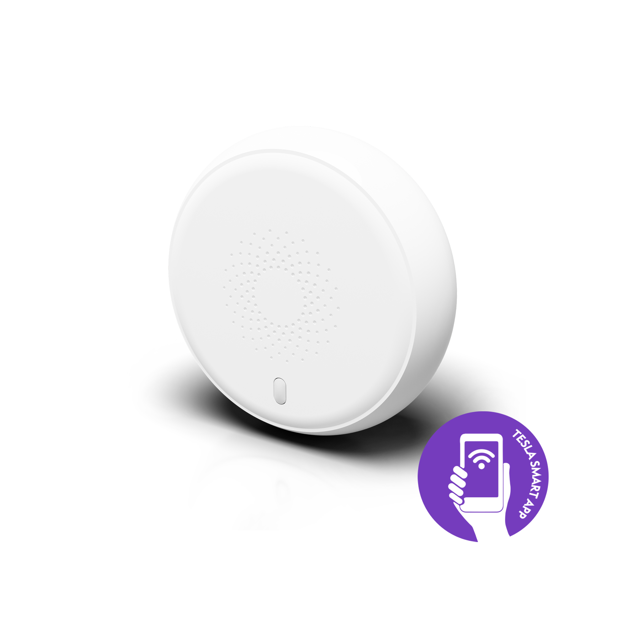 Weißes, rundes Smart-Home-Gerät. Es hat ein lila Logo: Hand mit Handy und WLAN-Signal, "TESLA SMART APP".