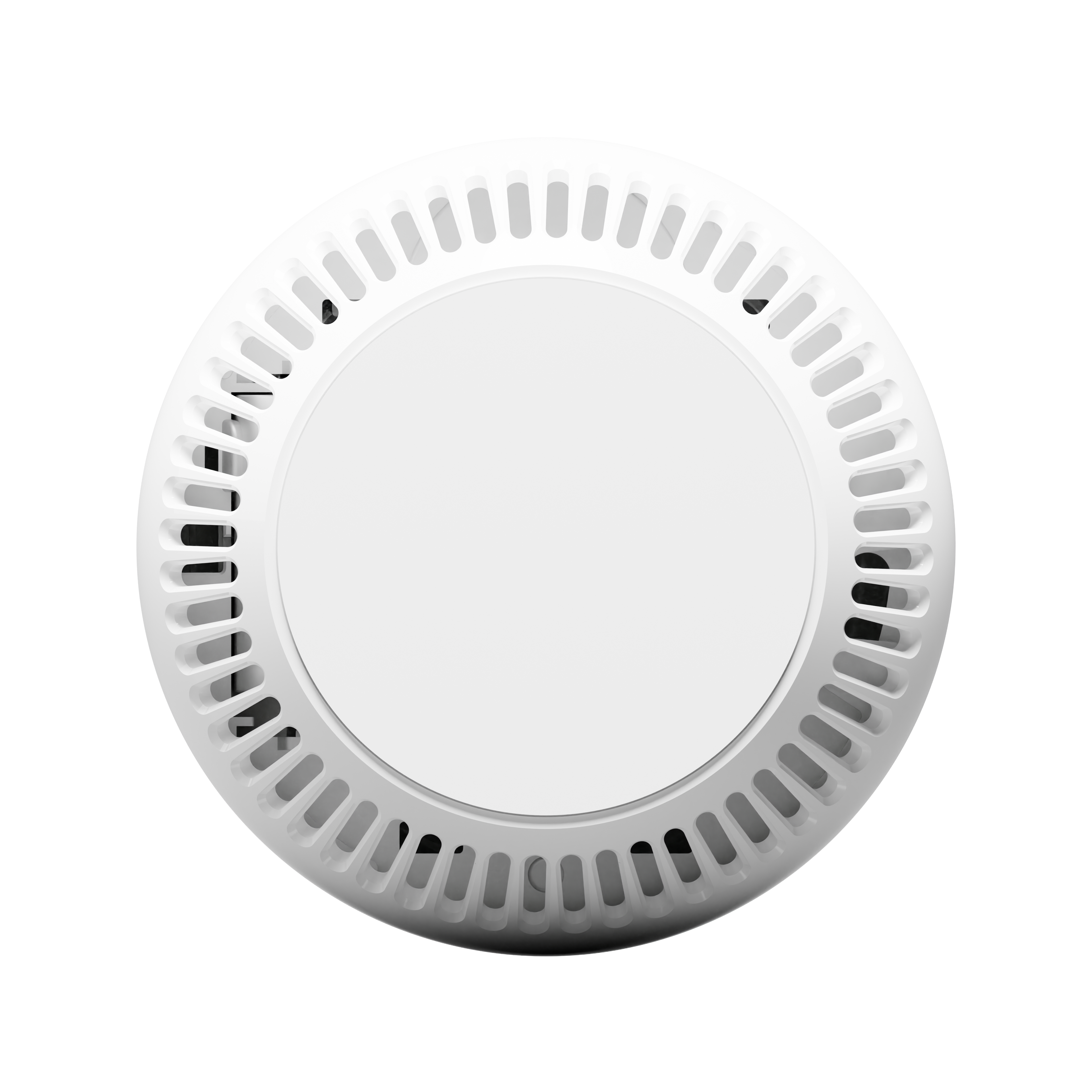 Weißer Rauchmelder mit kreisförmigem Design. Der Detektor befindet sich auf schwarzem Hintergrund.