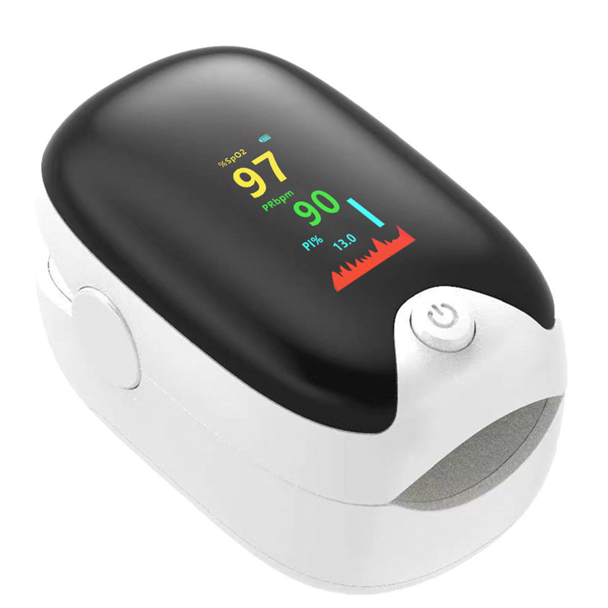 Weiß-schwarzes Pulsoximeter mit digitaler Anzeige der Messwerte.