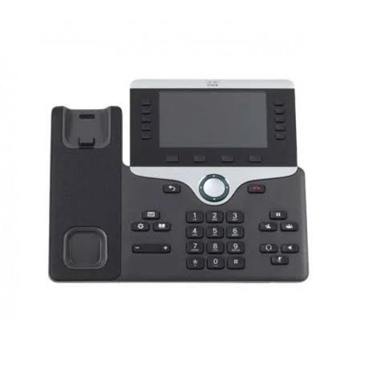 Czarny telefon Cisco z ekranem i słuchawką po lewej stronie.