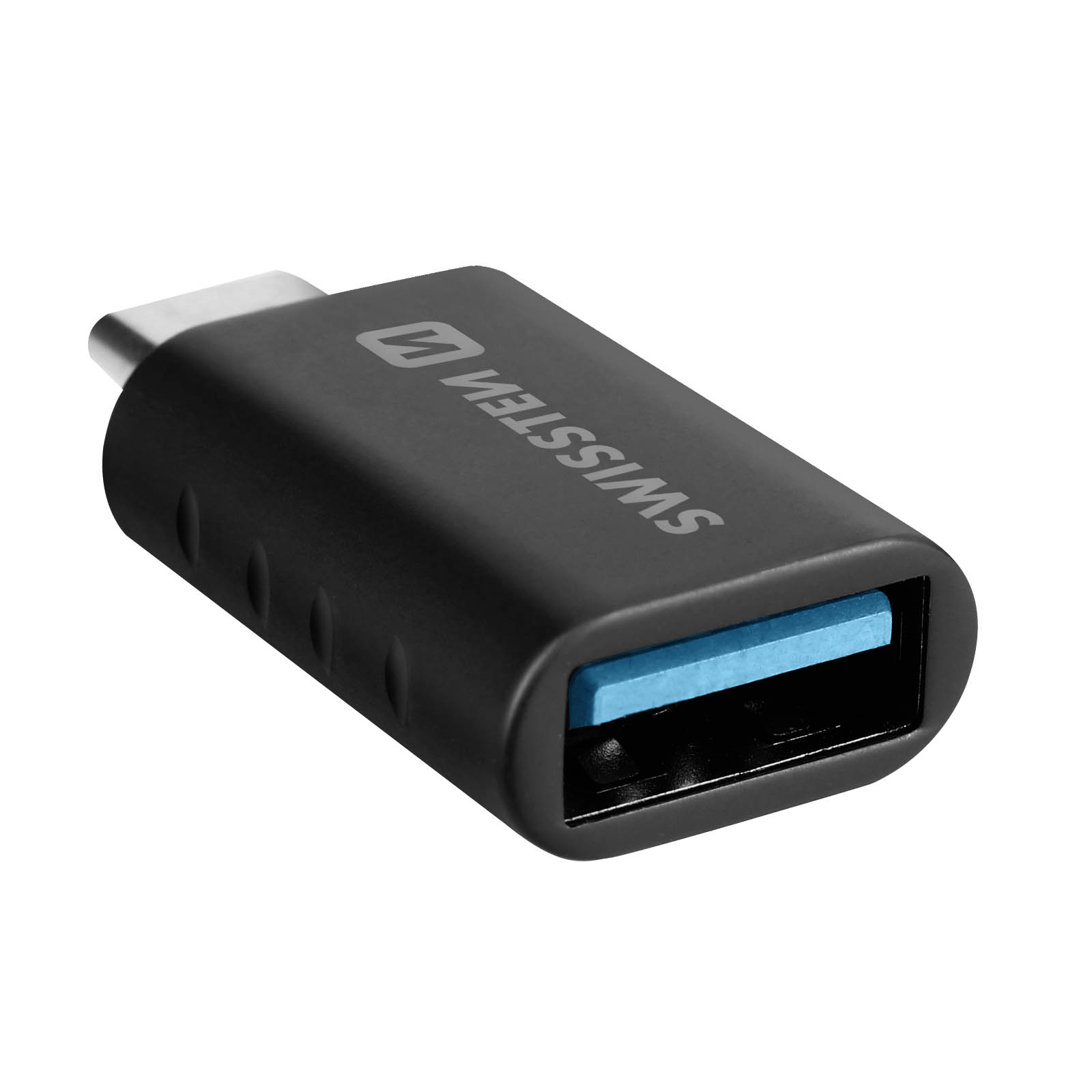 Schwarzer USB-C-Adapter mit blauem USB-Anschluss, Markenname 'SWISSIMS'.
