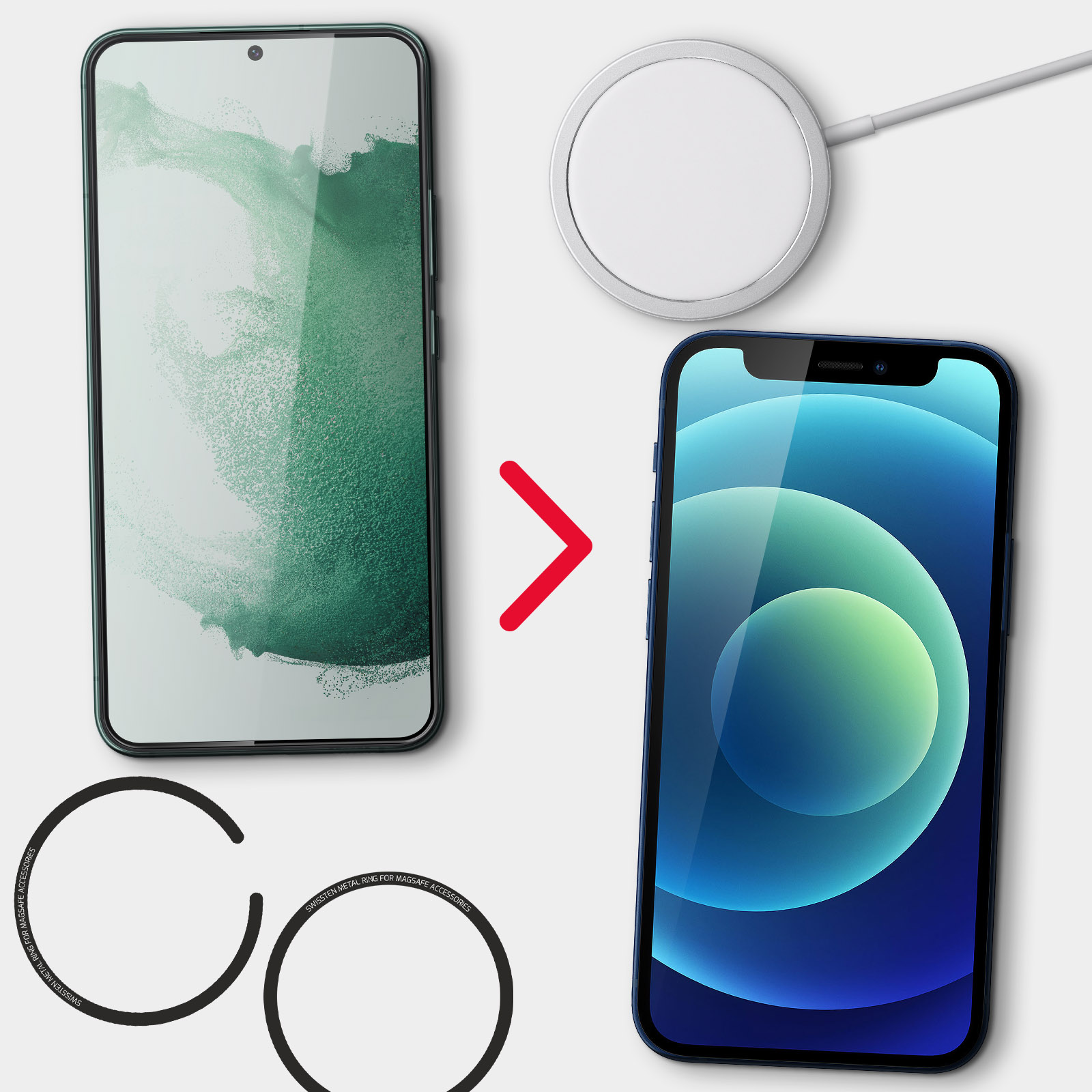 Scambio schermo del telefono: vecchio telefono diventa nuovo. Base di ricarica e accessori visibili.