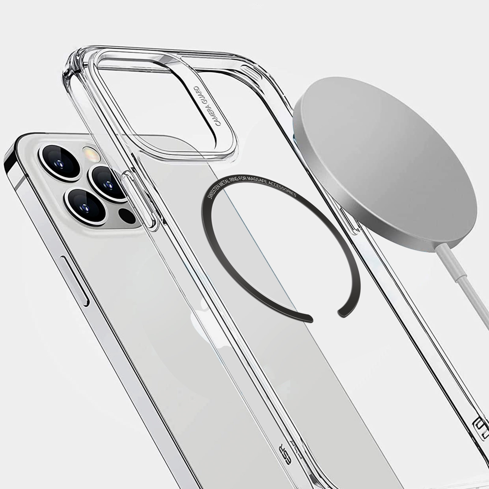 Una custodia trasparente per telefono con un anello magnetico e un disco di ricarica.