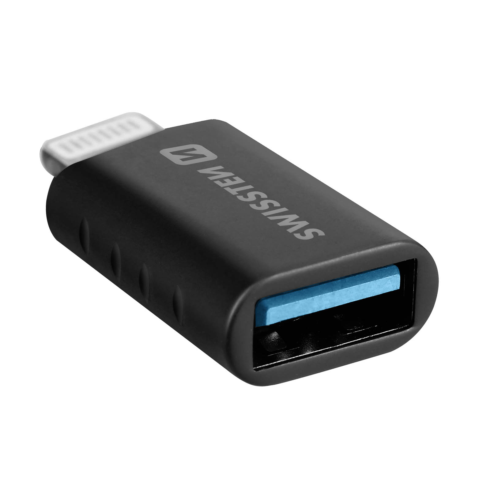 Adaptateur USB noir avec logo blanc et port USB bleu.