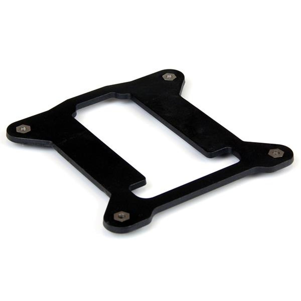 Czarny metalowy wspornik z otworami na śruby na białym tle.