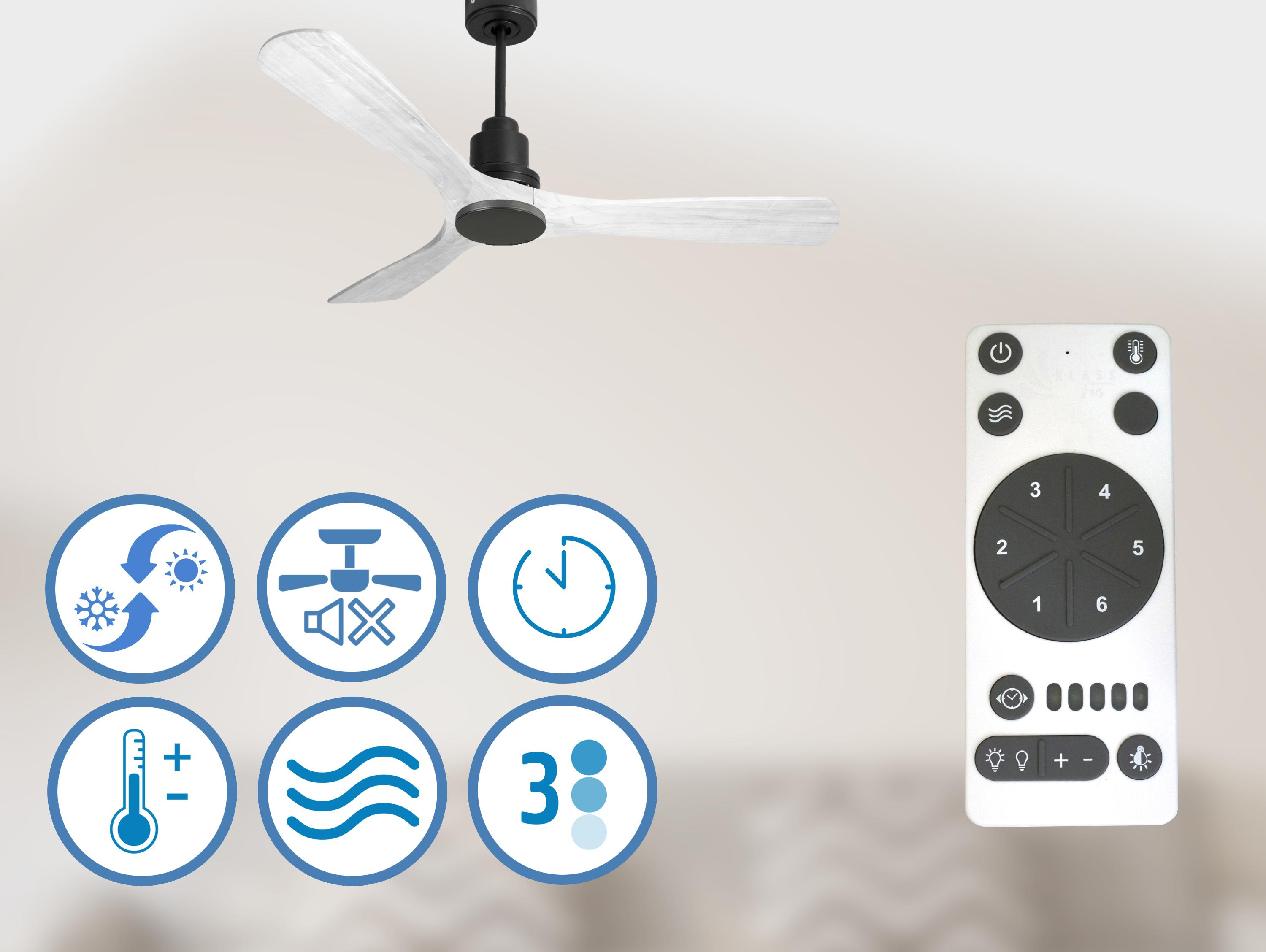 Ventilador de techo con aspas blancas y mando a distancia con iconos.