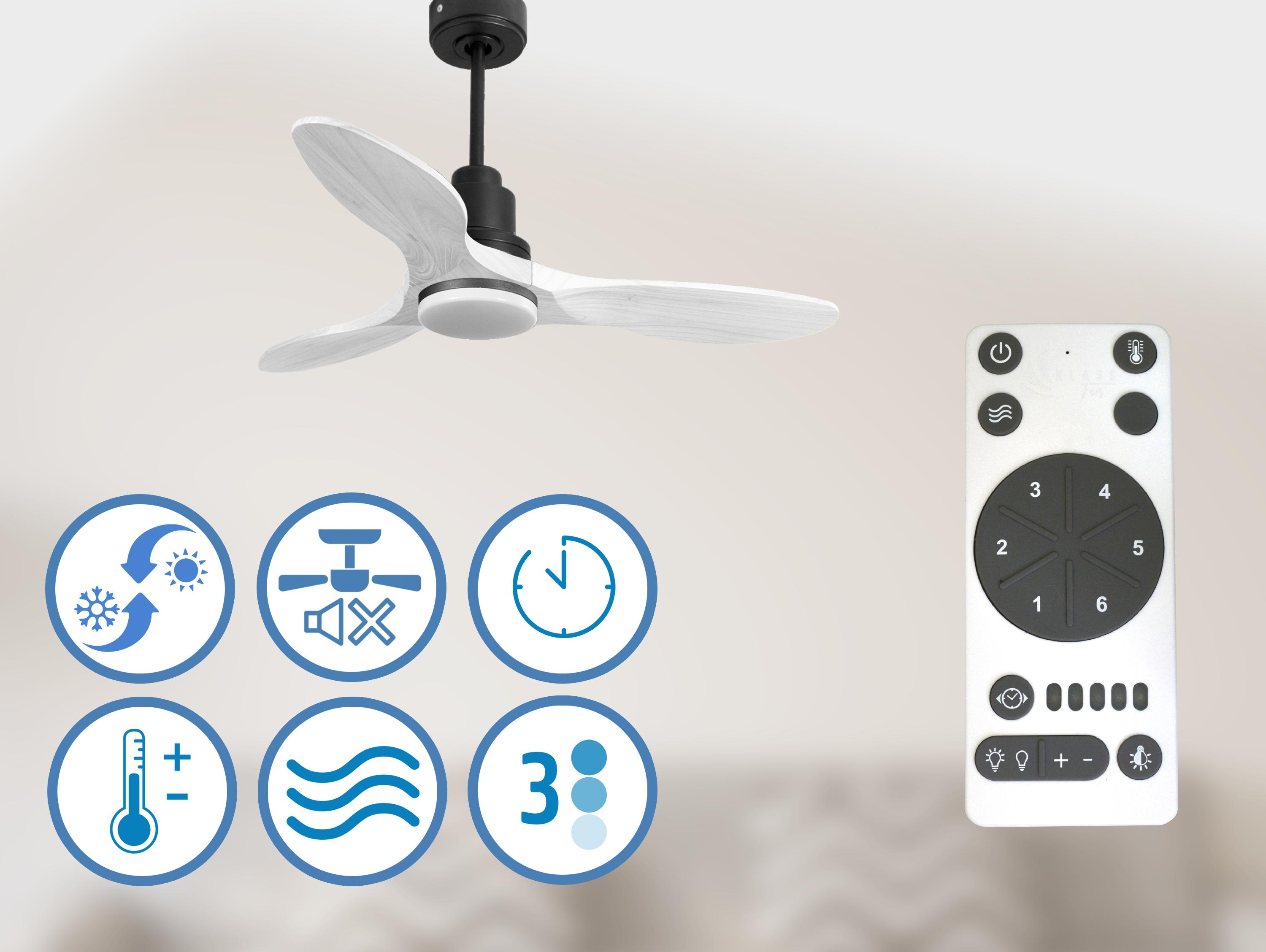 Ventilador de techo blanco con detalles negros, iconos y mando a distancia sobre fondo blanco.