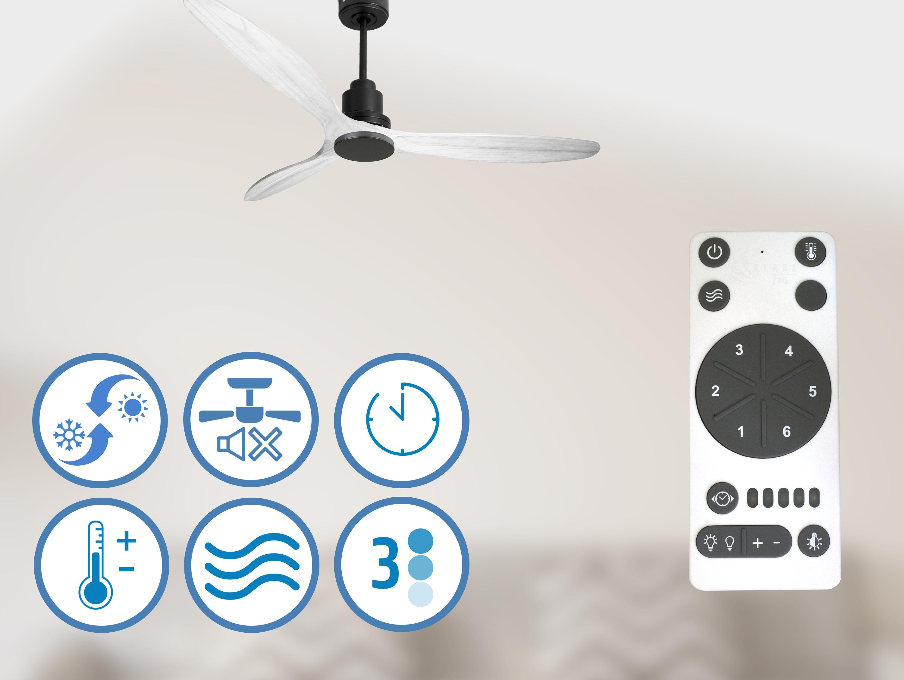 Ventilador de techo con control remoto e iconos de configuración.