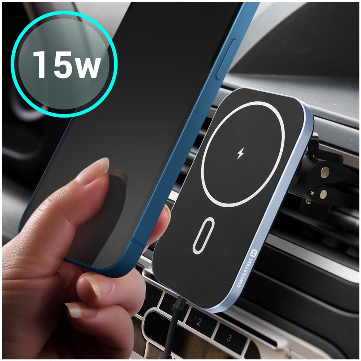 Ein Telefon ist auf dem Armaturenbrett eines Autos montiert, neben einem Ladegerät. Der Bildschirm zeigt "15w".