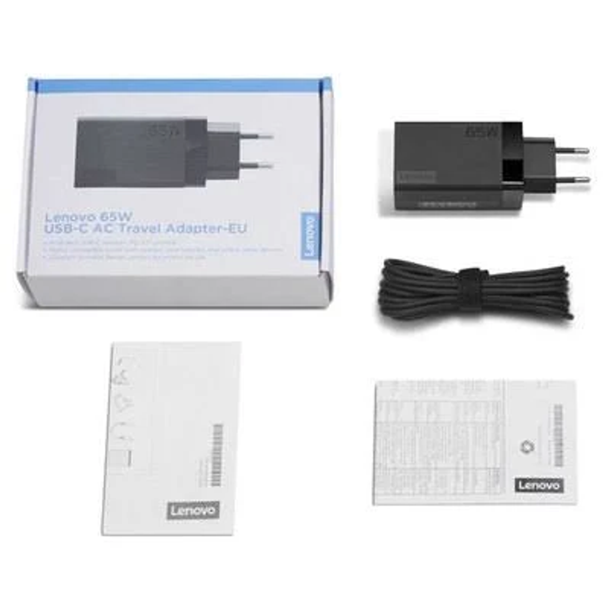 Adaptador de viaje Lenovo 65W USB-C AC con caja y accesorios.