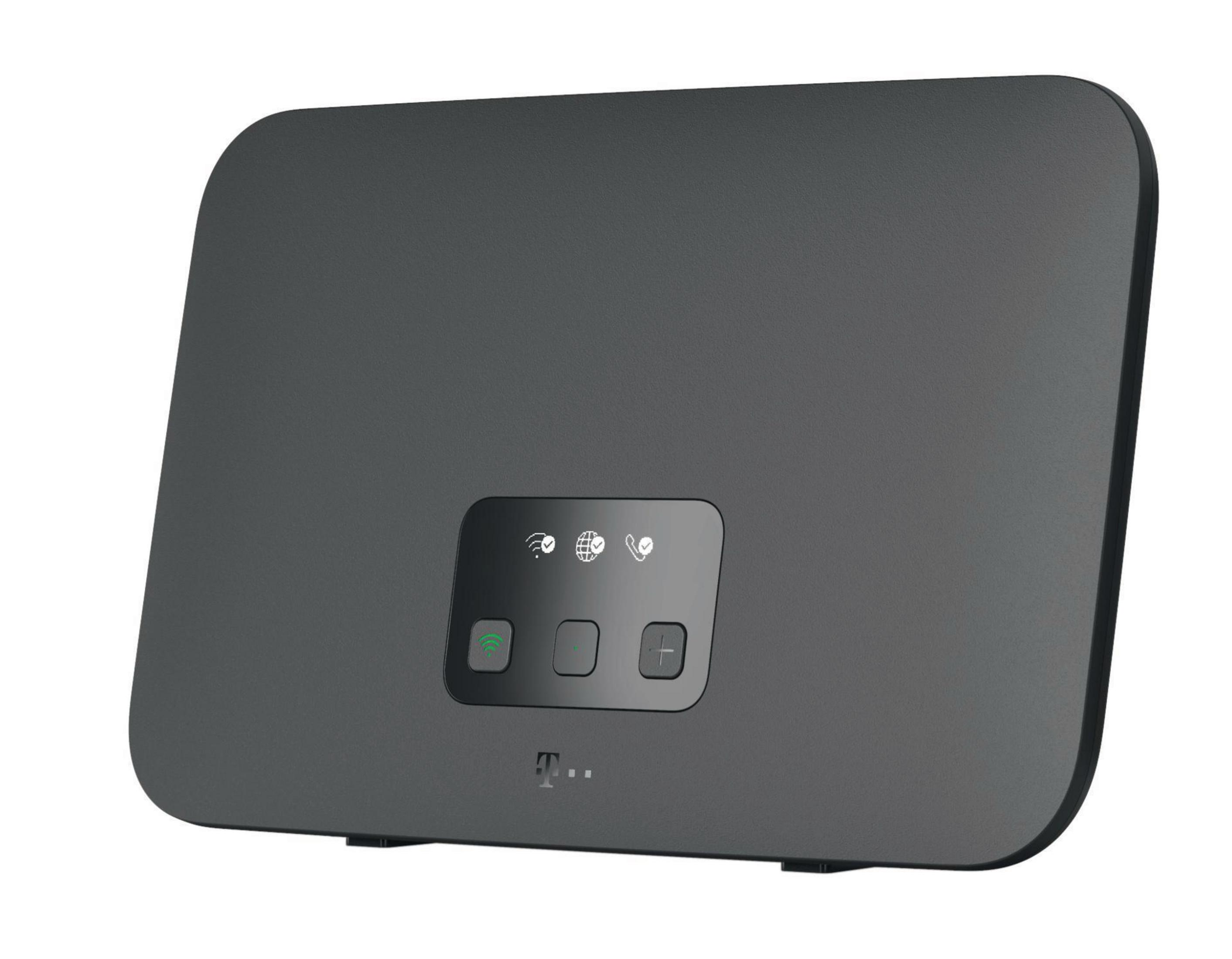 Ein dunkelgrauer Router mit Knöpfen, Logo und grünem Licht.