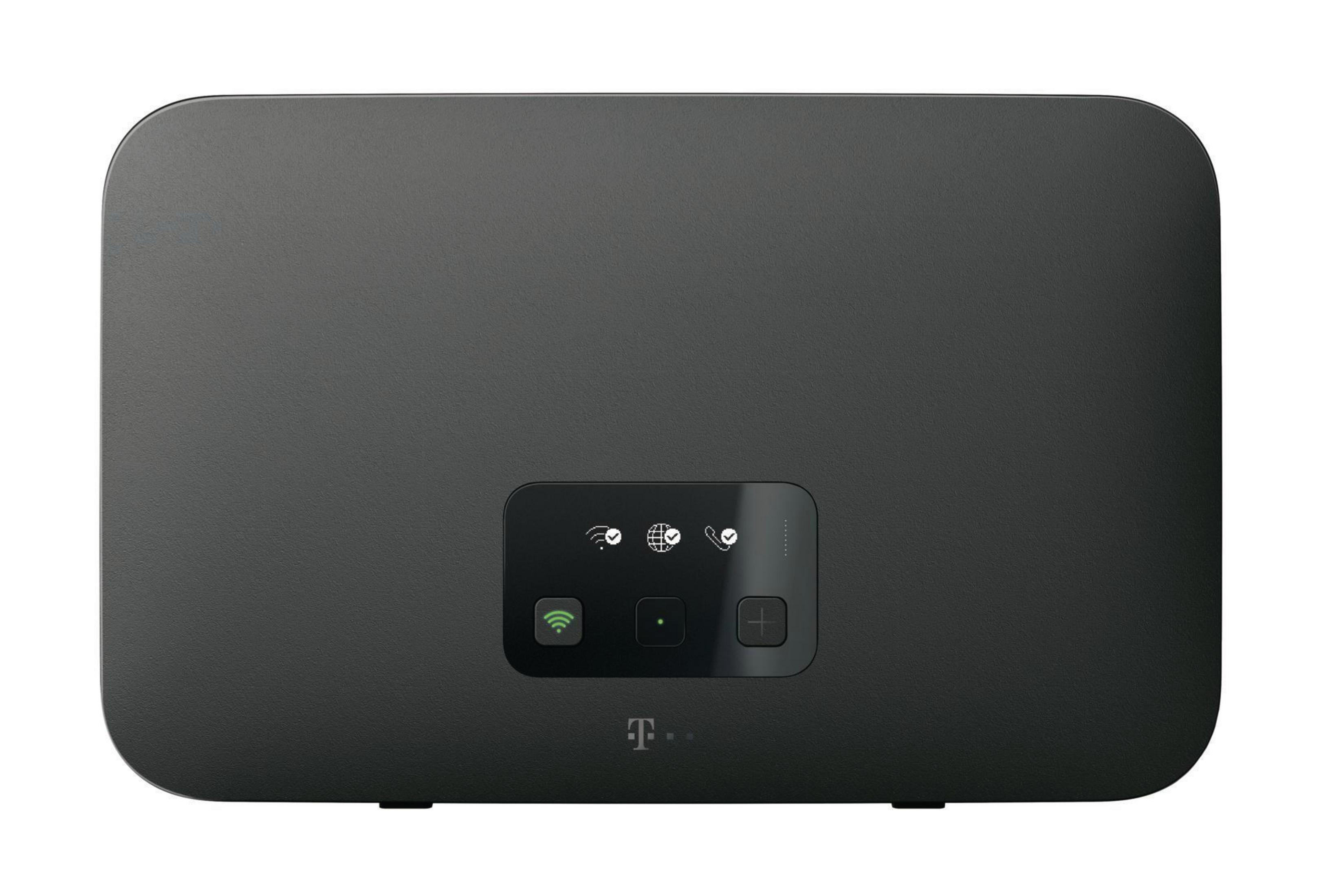 Dunkelgraues rechteckiges Modem mit Symbolen. Es hat einen Power-Knopf und ein T-Mobile-Logo.