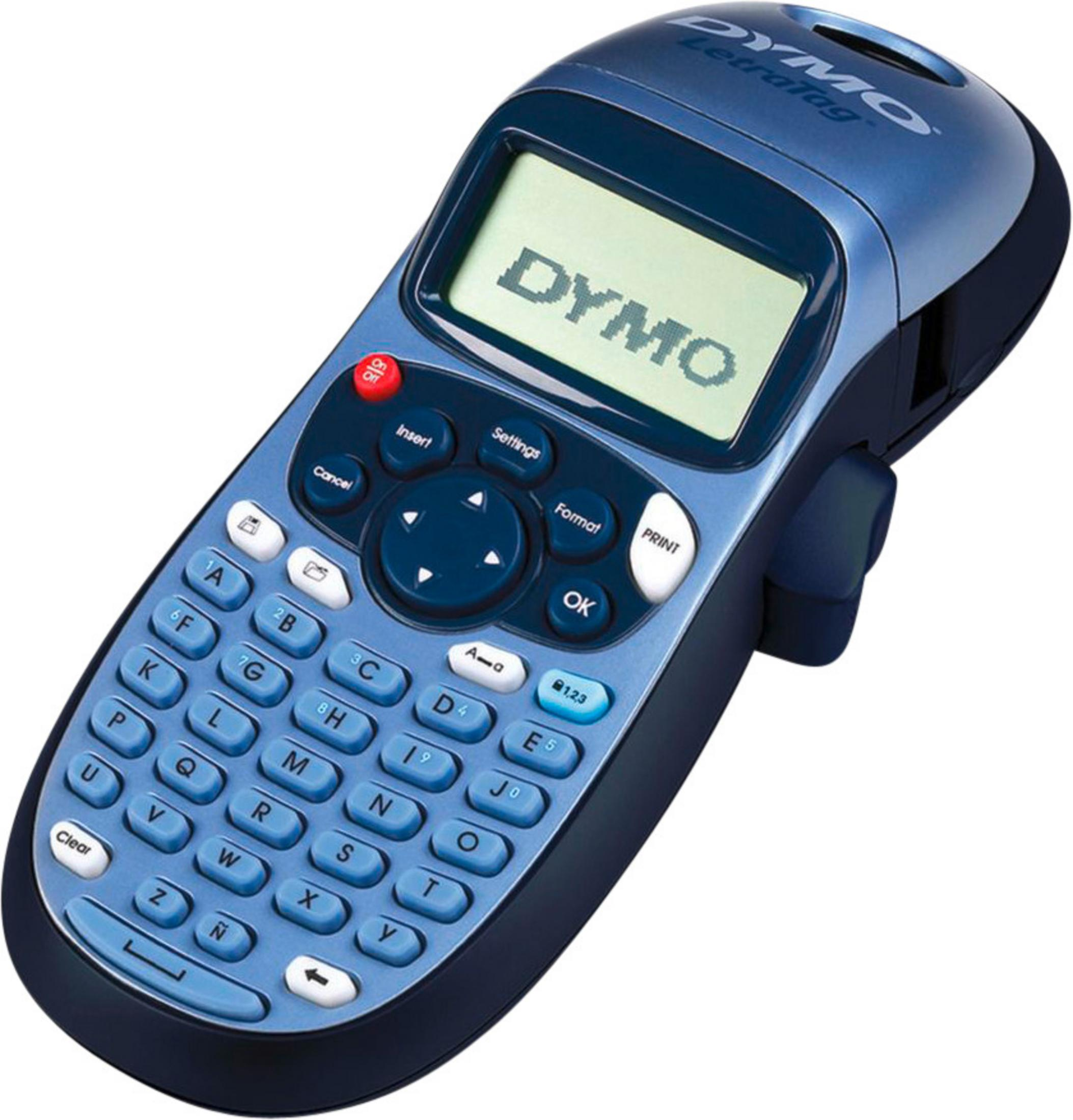 Ein blaues und schwarzes DYMO-Etikettiergerät mit Tastatur und Bildschirm.