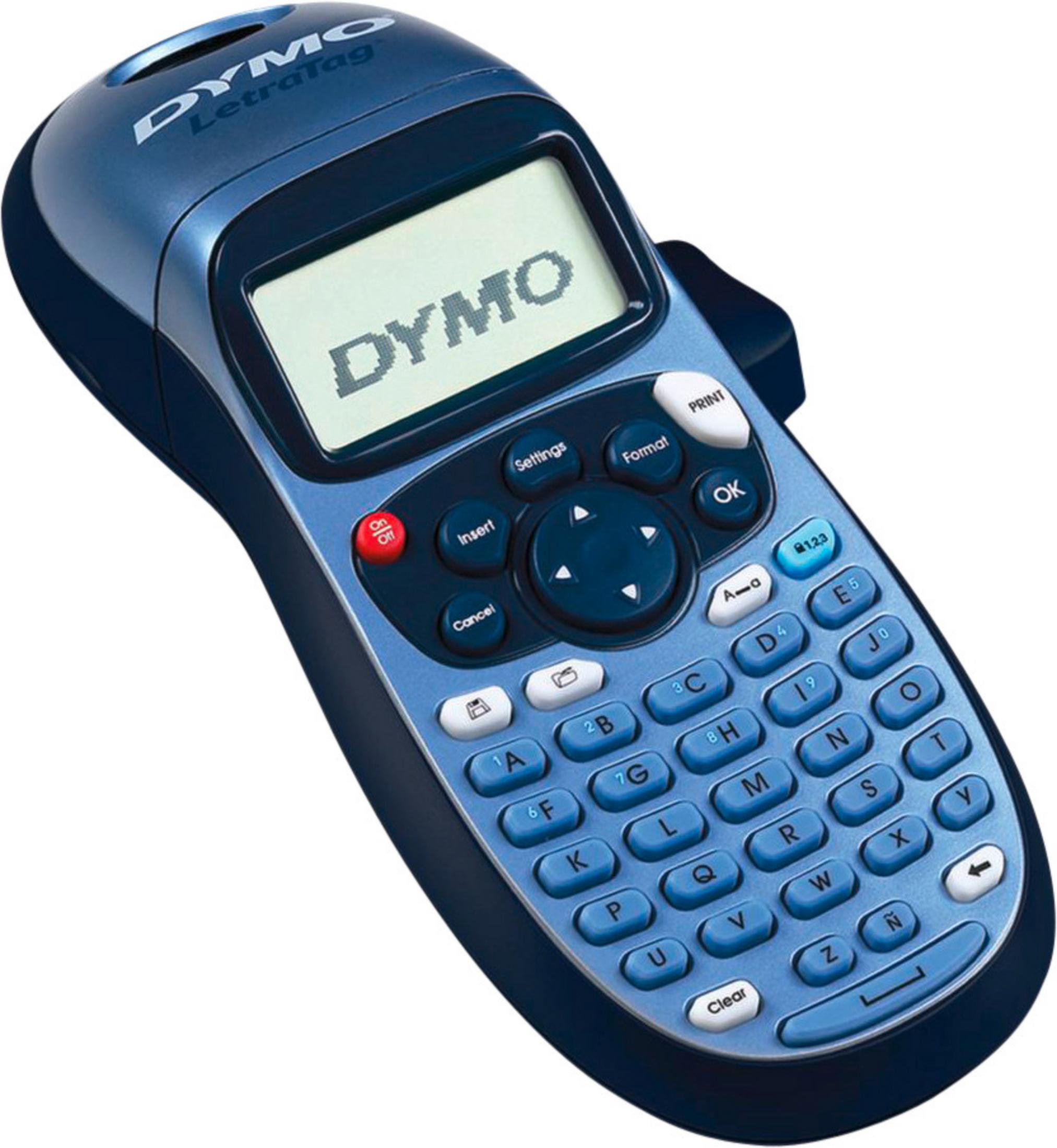 Blauer Etikettendrucker mit Display, das 'DYMO' anzeigt. Es hat Tasten für Einstellungen und Druck.