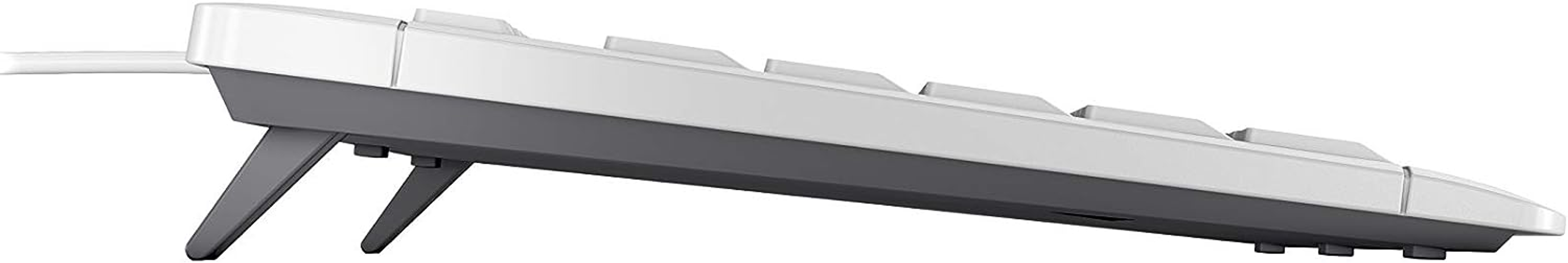 Biała klawiatura, widok z boku, z klawiszami i nogami pod kątem.