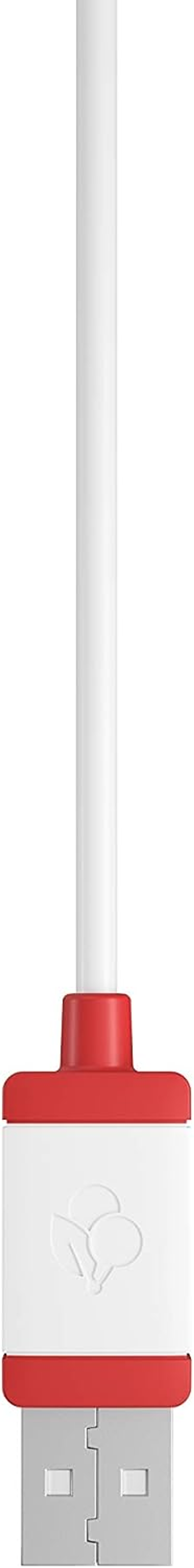 Biało-czerwony kabel ładujący USB z czerwonym złączem.