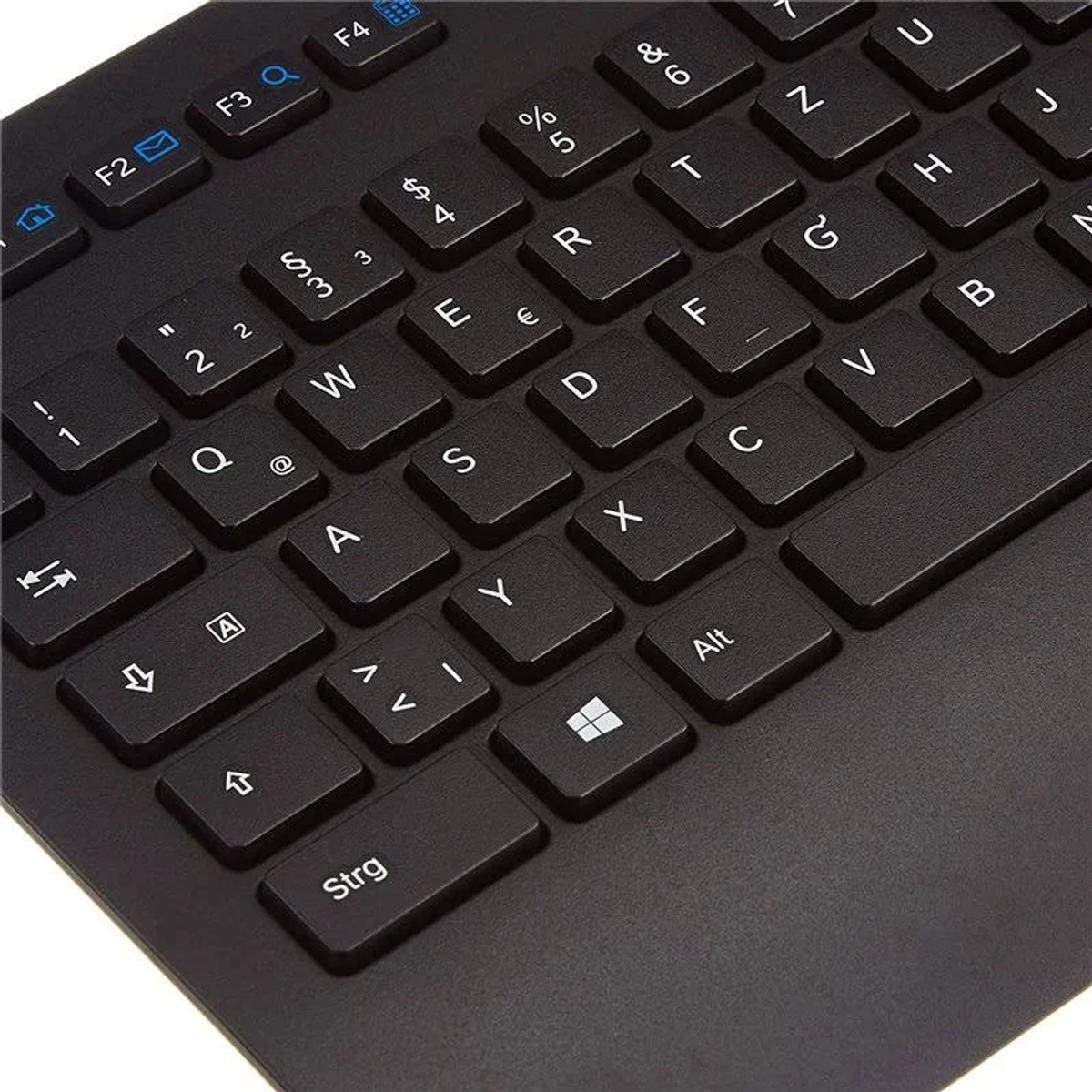 Zbliżenie czarnej klawiatury z klawiszami QWERTY i klawiszem Windows.