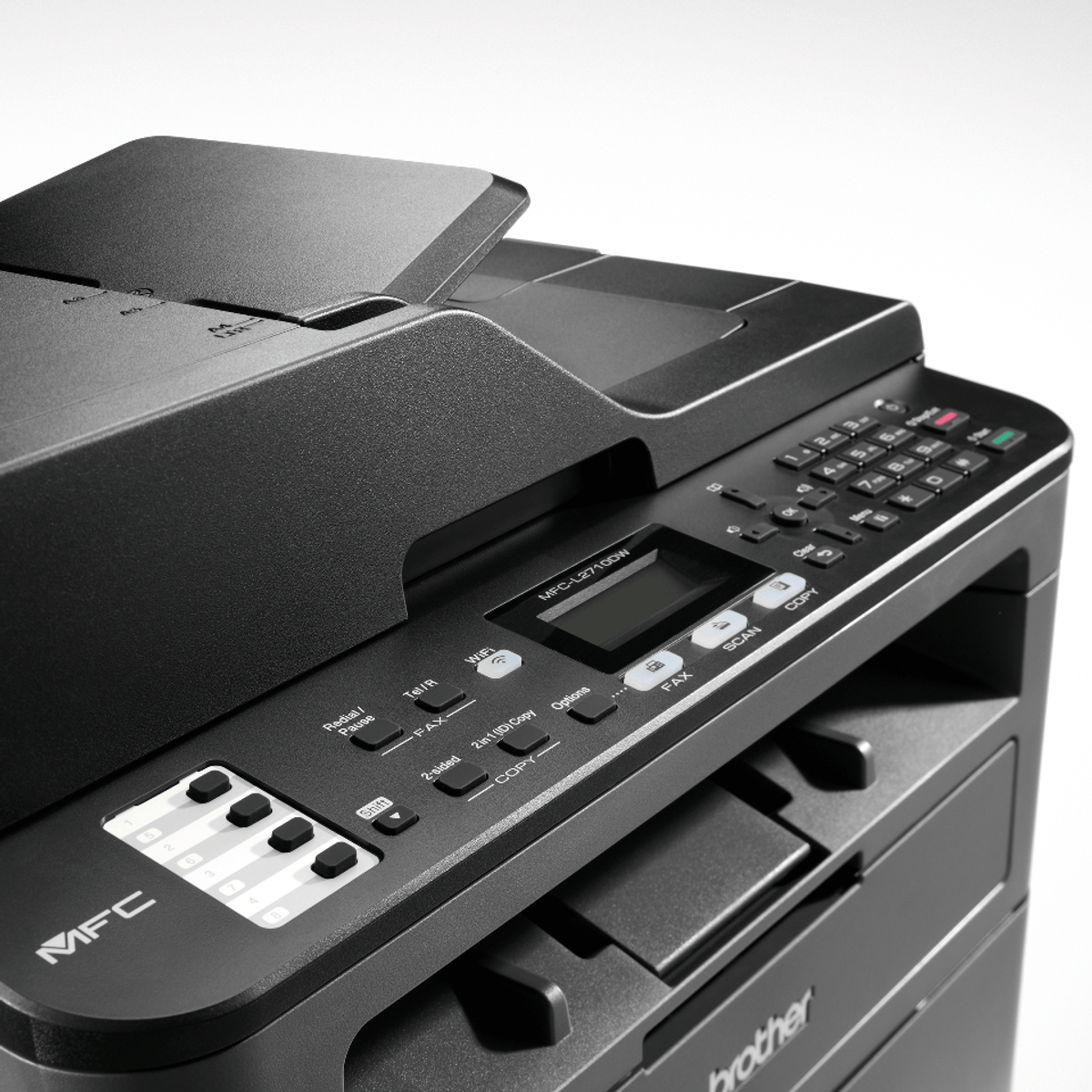 Schwarzer Multifunktionsdrucker mit Knöpfen und Display.