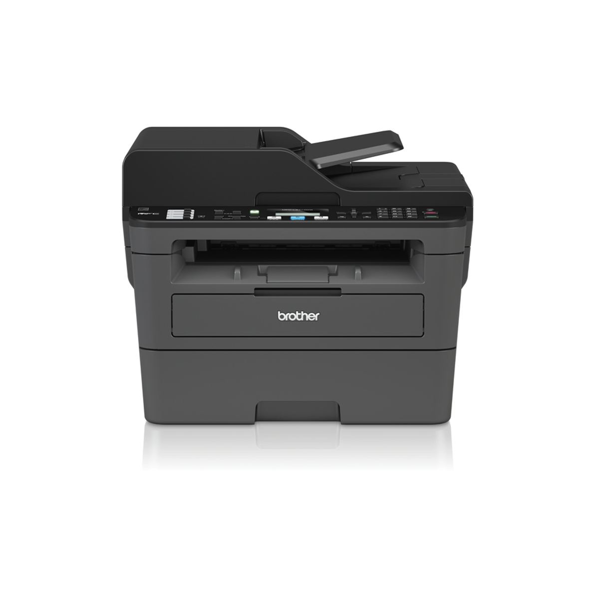 Schwarz-grauer Brother Drucker-Scanner, Draufsicht, weißer Hintergrund.