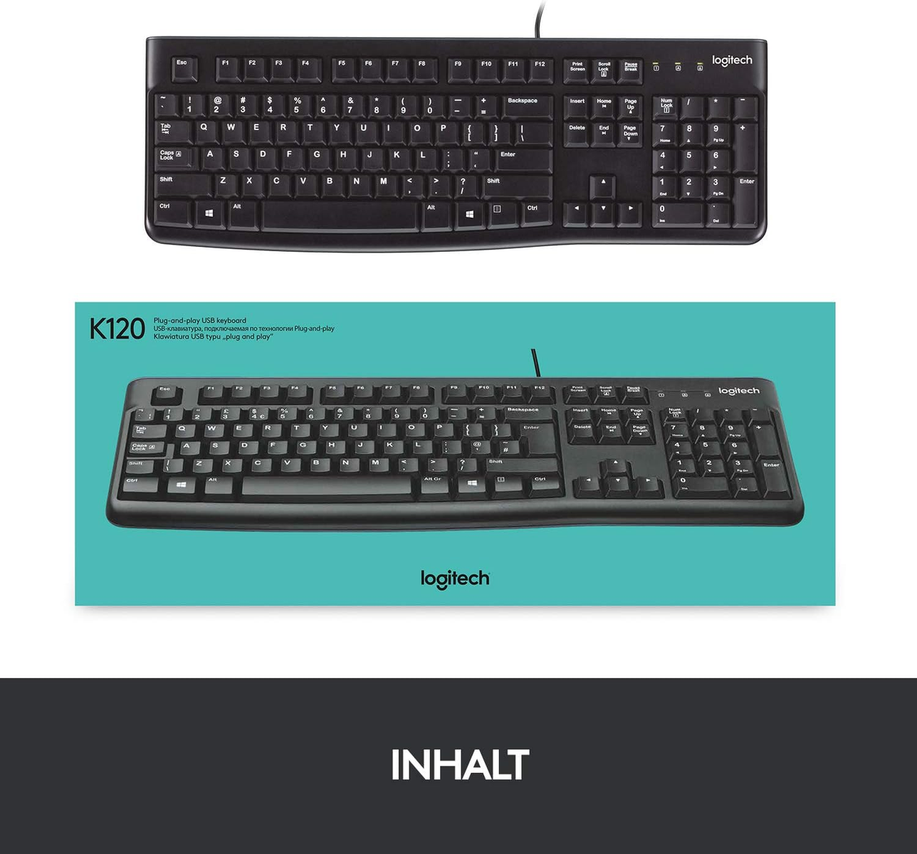 Dwie klawiatury. Górna jest czarna, dolna pokazuje klawiaturę w pudełku, z nazwą K120.