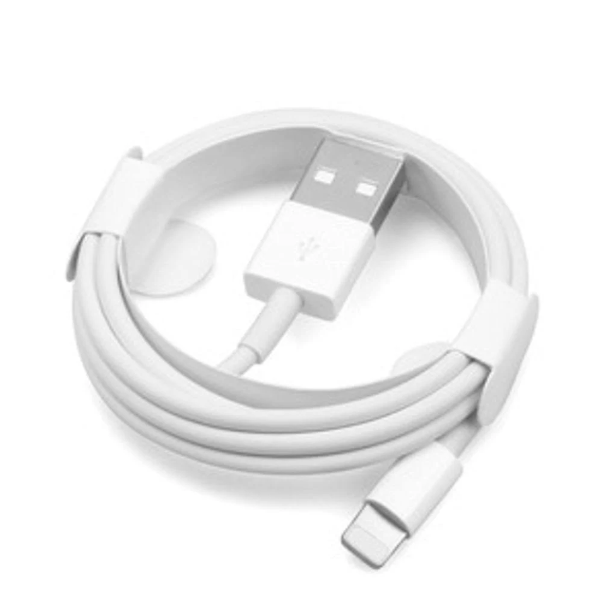 Biały kabel ładujący ze złączami USB i Lightning, zwinięty.
