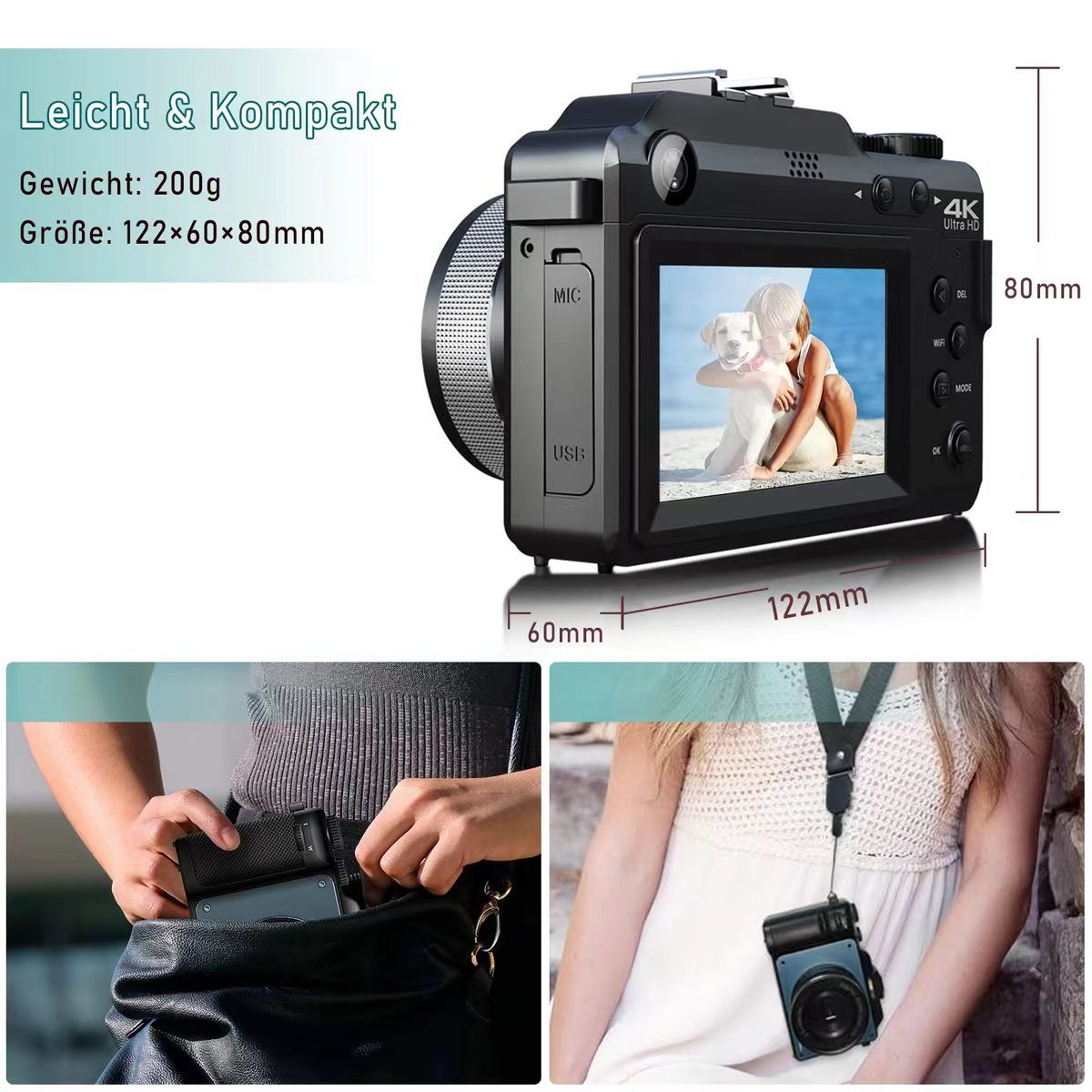 Zoom- Kamera HD opt. LINGDA 4K MP 18x 48 Digital Grau,