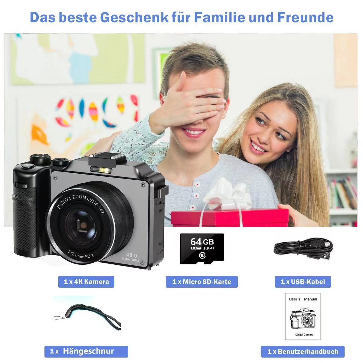 Ein Mann verdeckt die Augen einer Frau, sie erhält eine Kamera als Geschenk.
