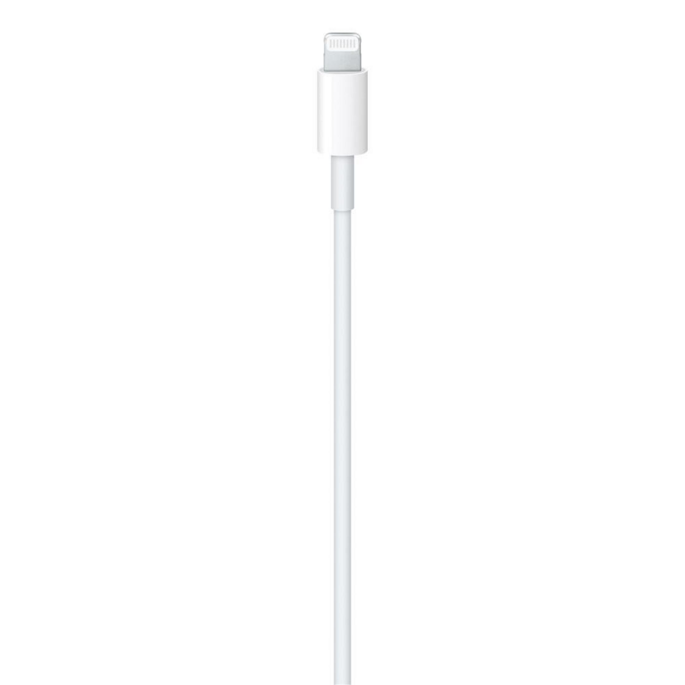 Un câble blanc Lightning vers USB. Le connecteur Lightning est en haut, USB en bas.