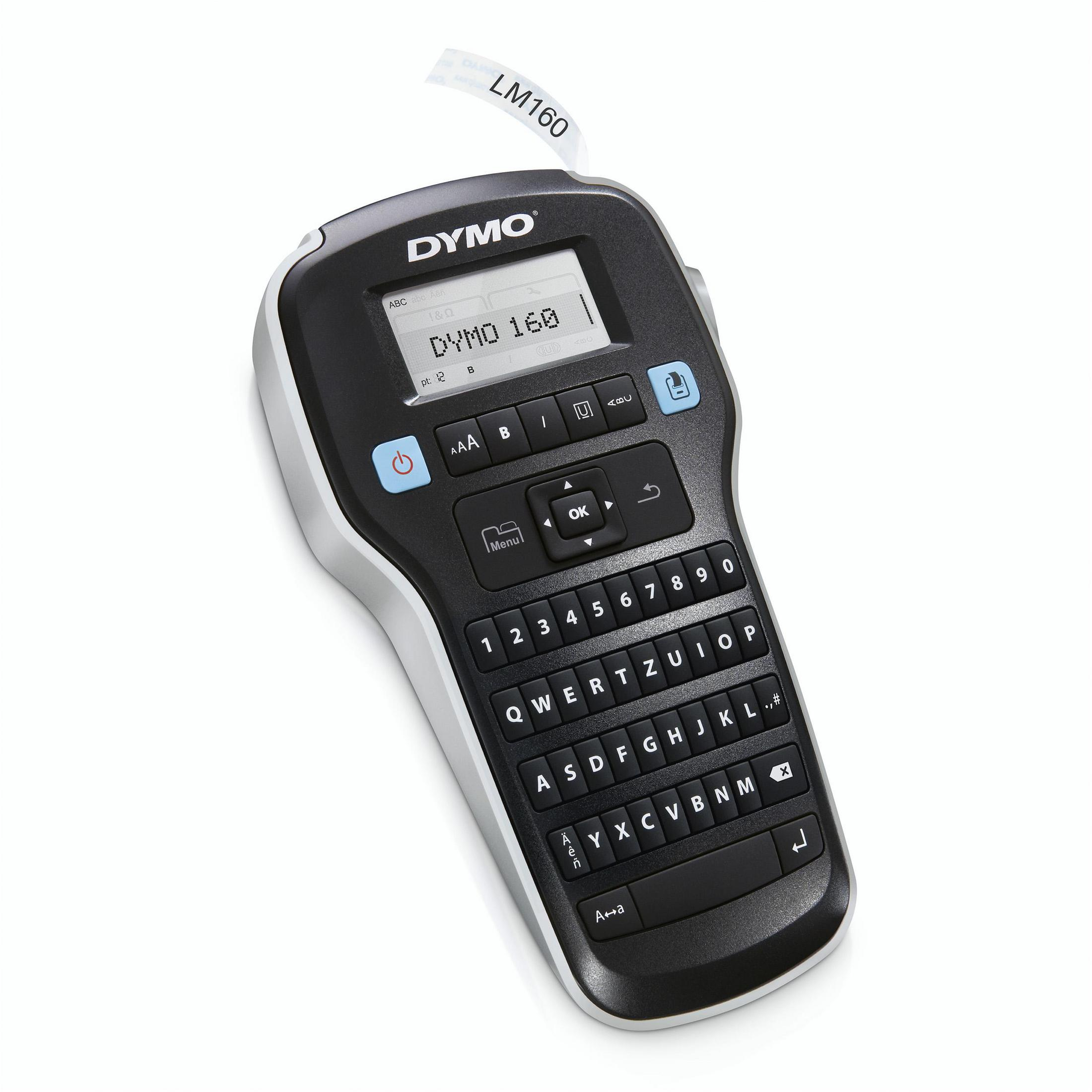 Étiqueteuse DYMO noire et argentée avec un petit écran et un clavier.