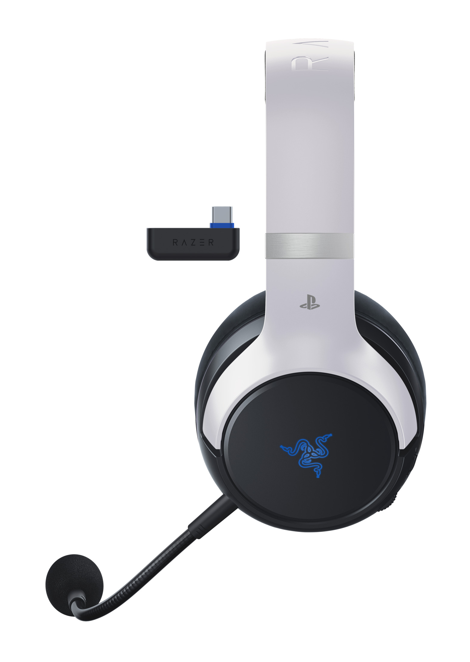 Biało-czarny zestaw słuchawkowy Razer z mikrofonem i kluczem USB, izolowany na białym tle.