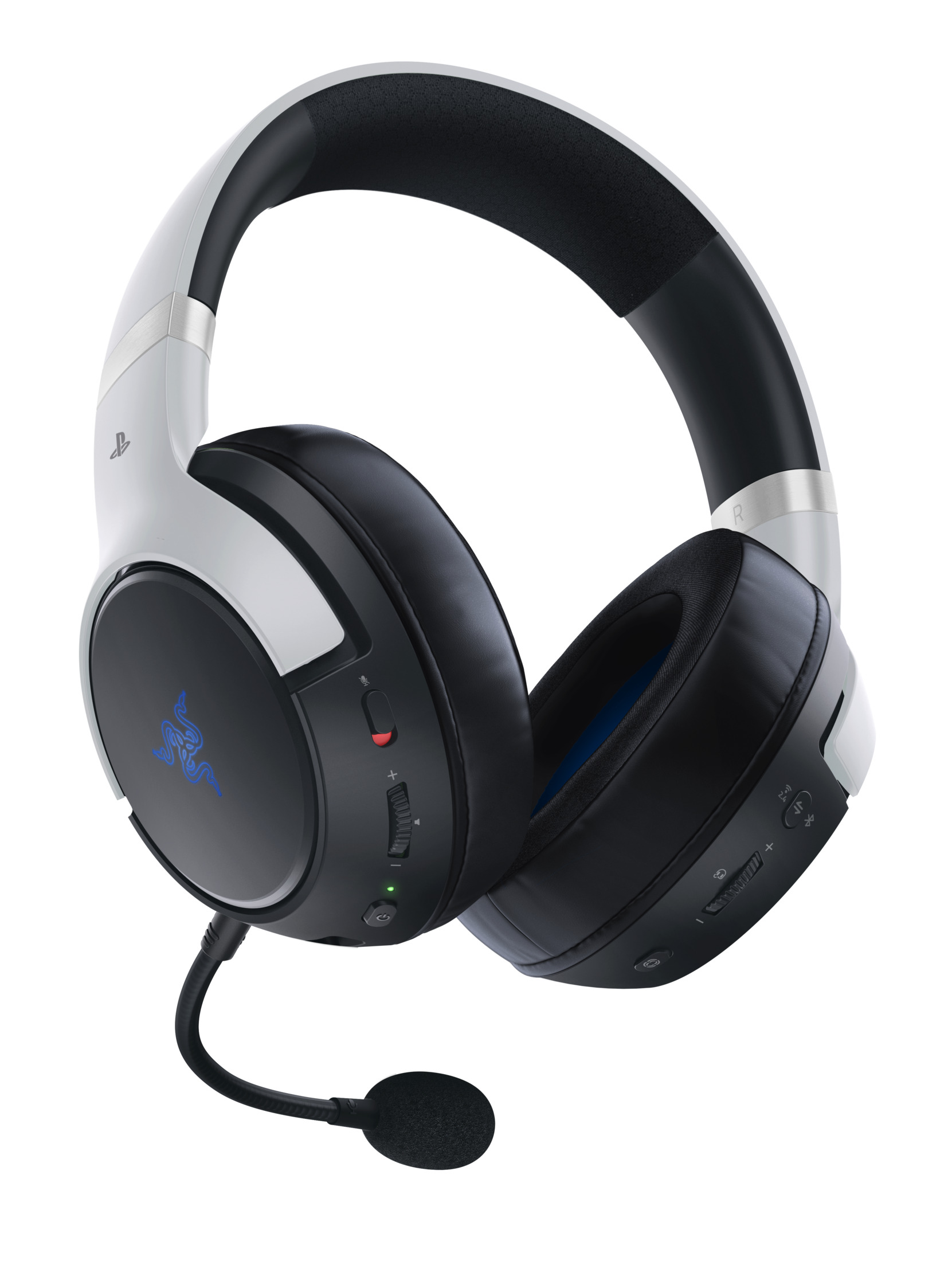 Biało-czarny zestaw słuchawkowy dla graczy z mikrofonem. Logo Razer widoczne.