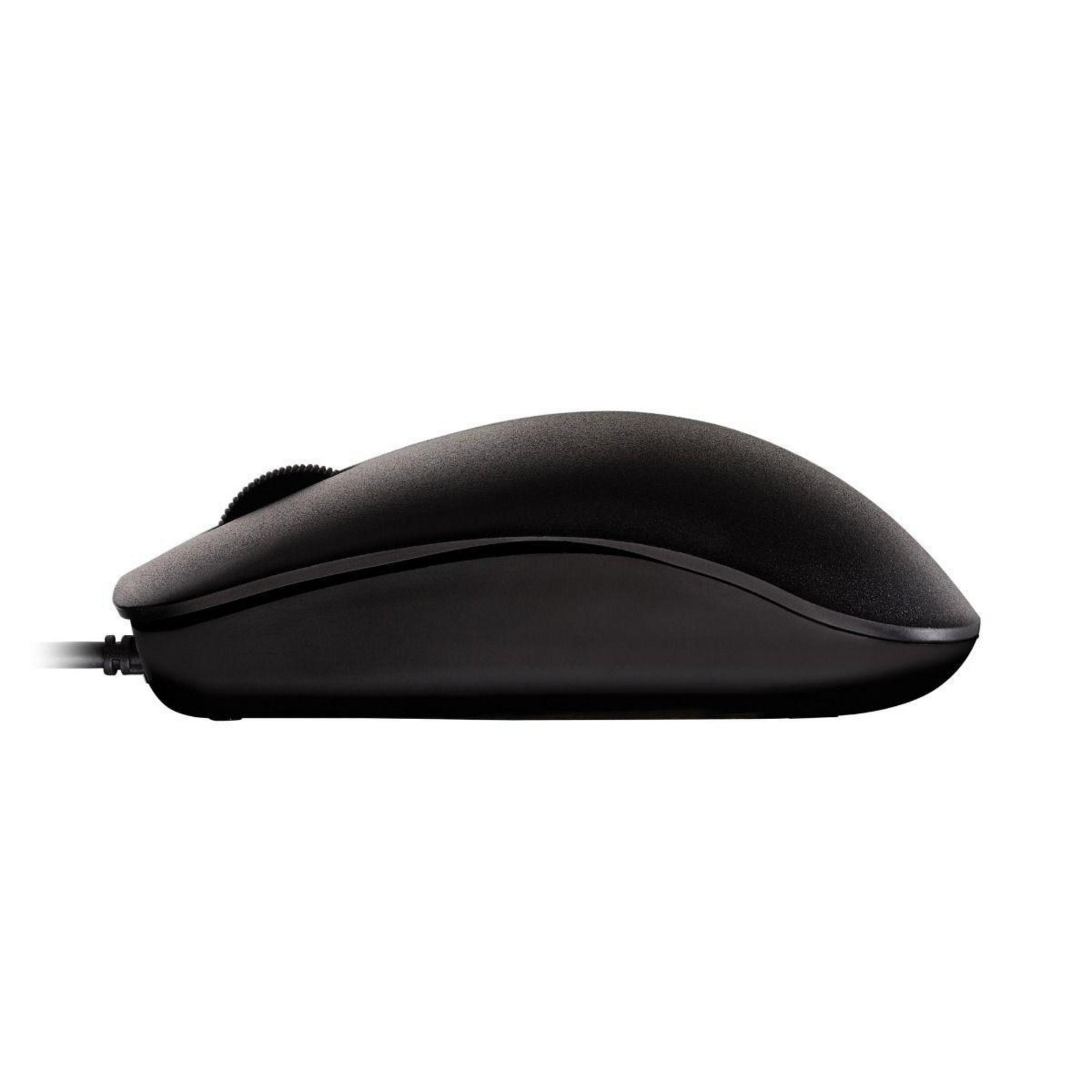 Black computer mouse, side view. Scroll wheel visible. White background.