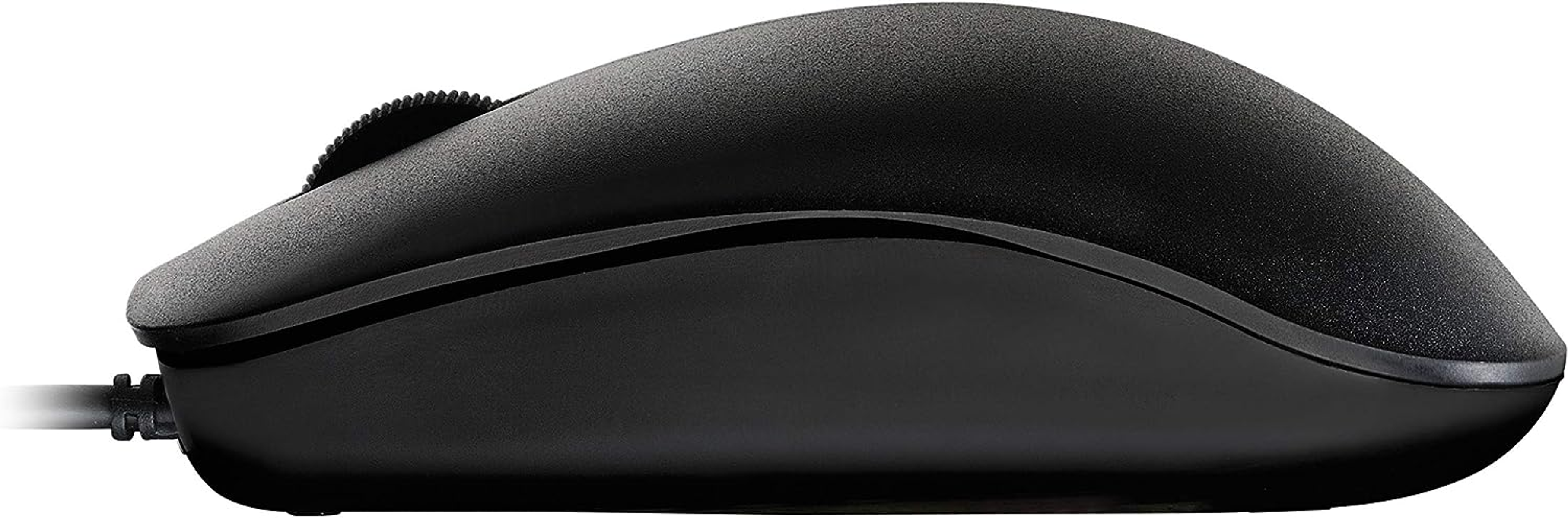 A black computer mouse. The scroll wheel is visible at the top.