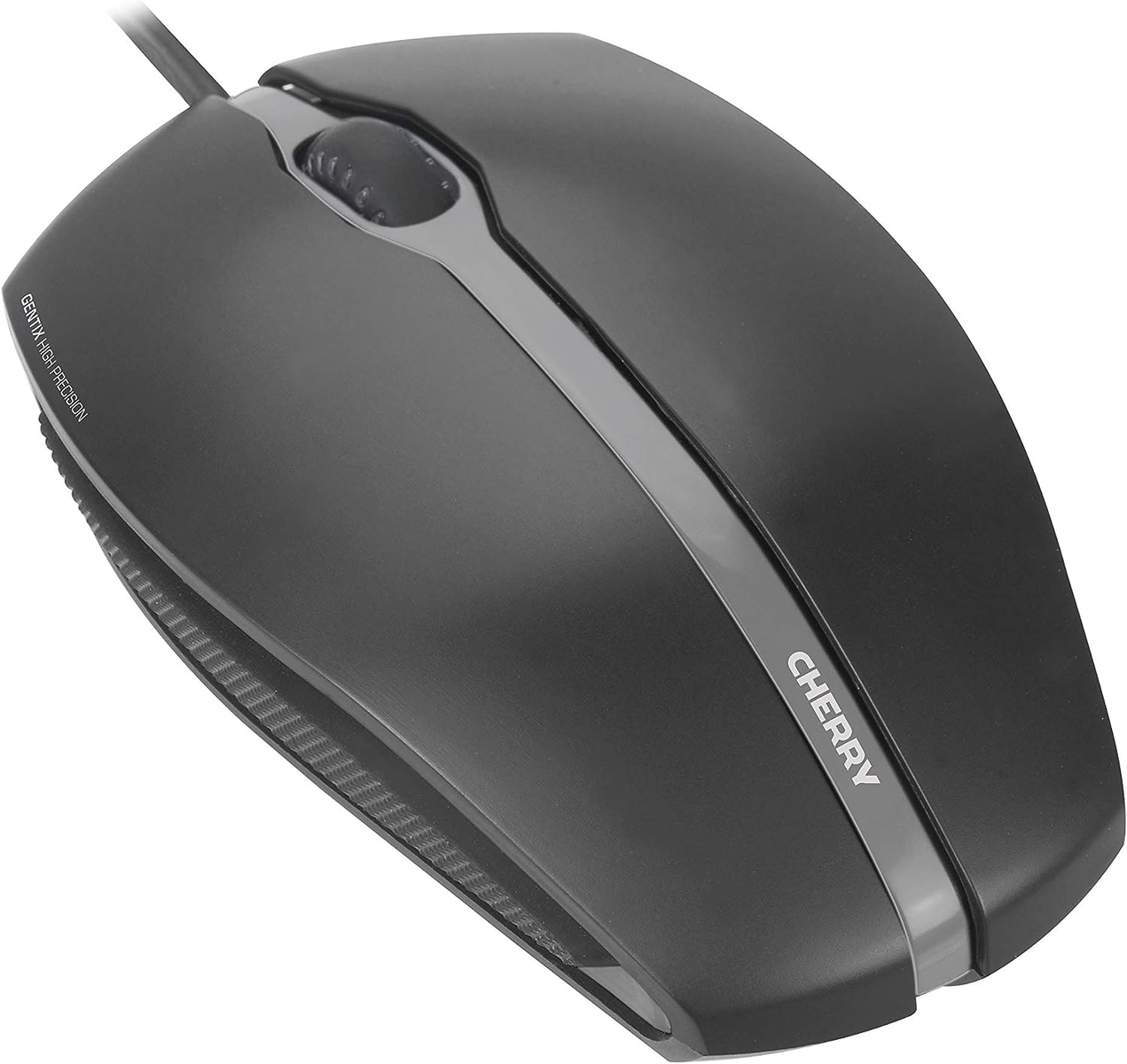Black Cherry computer mouse with a gray stripe and scroll wheel.