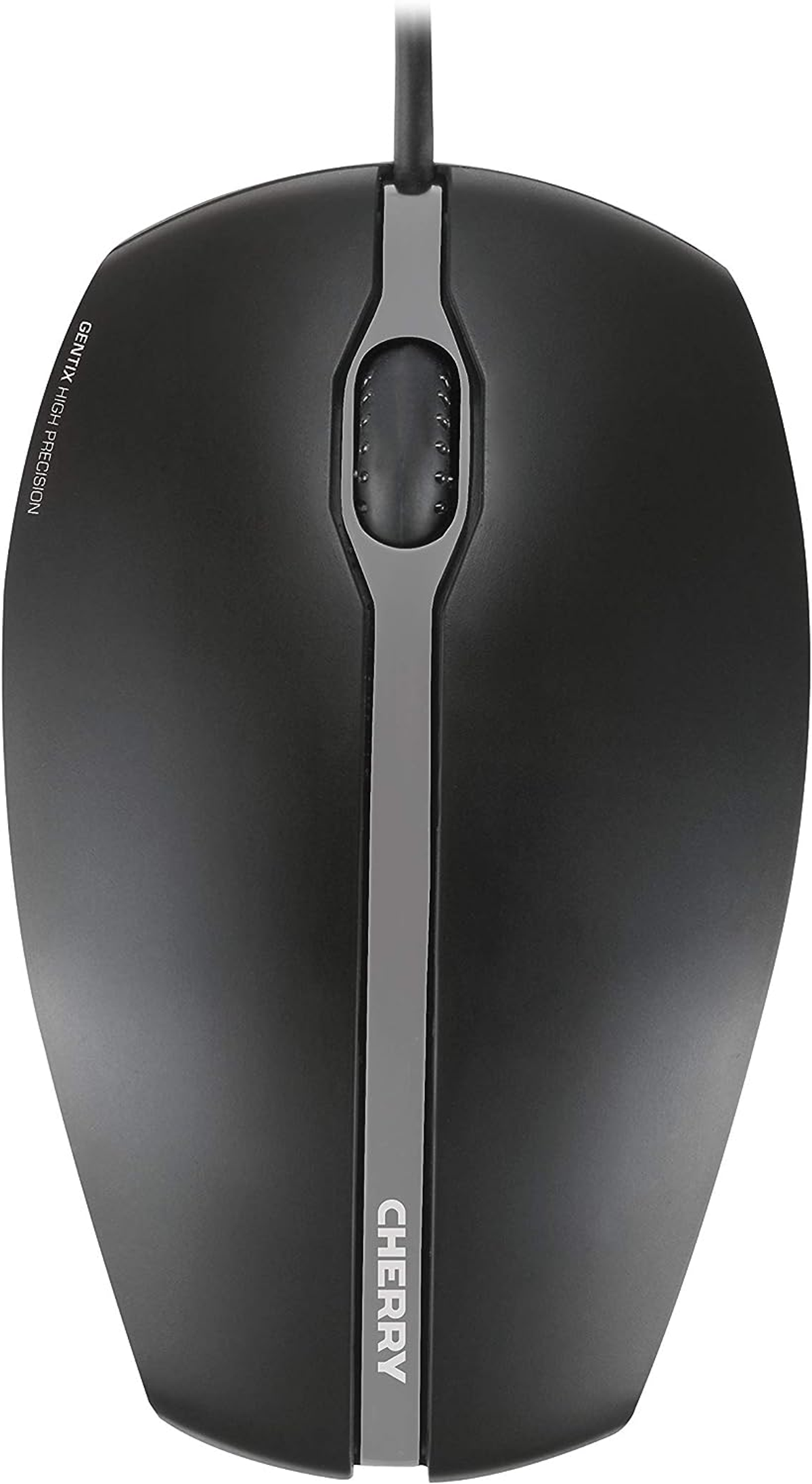 A black computer mouse with a silver stripe and the brand name "CHERRY".