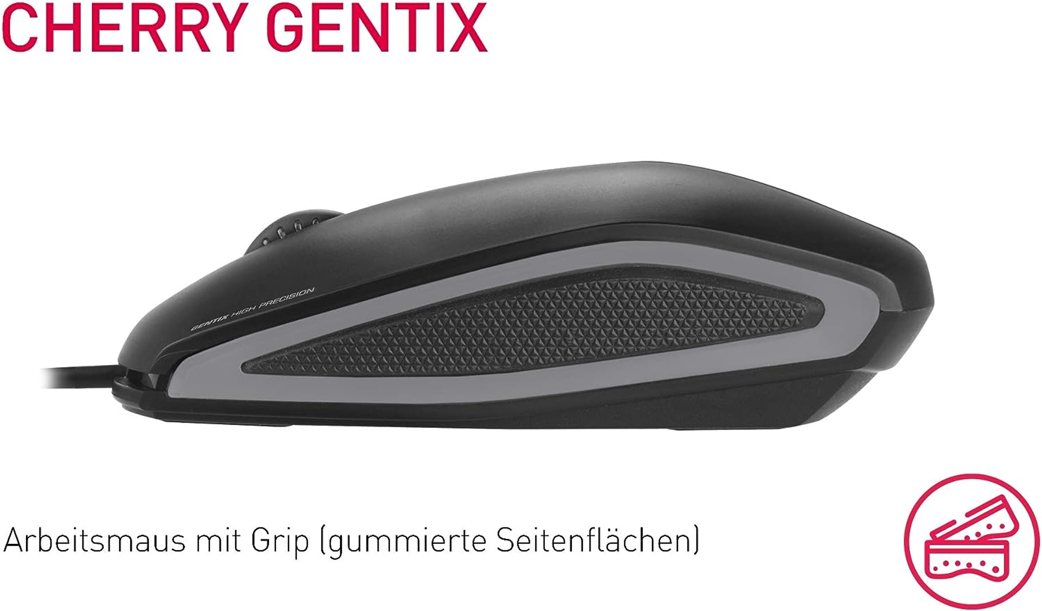 Black computer mouse with a textured grip and red text: CHERRY GENTIX.